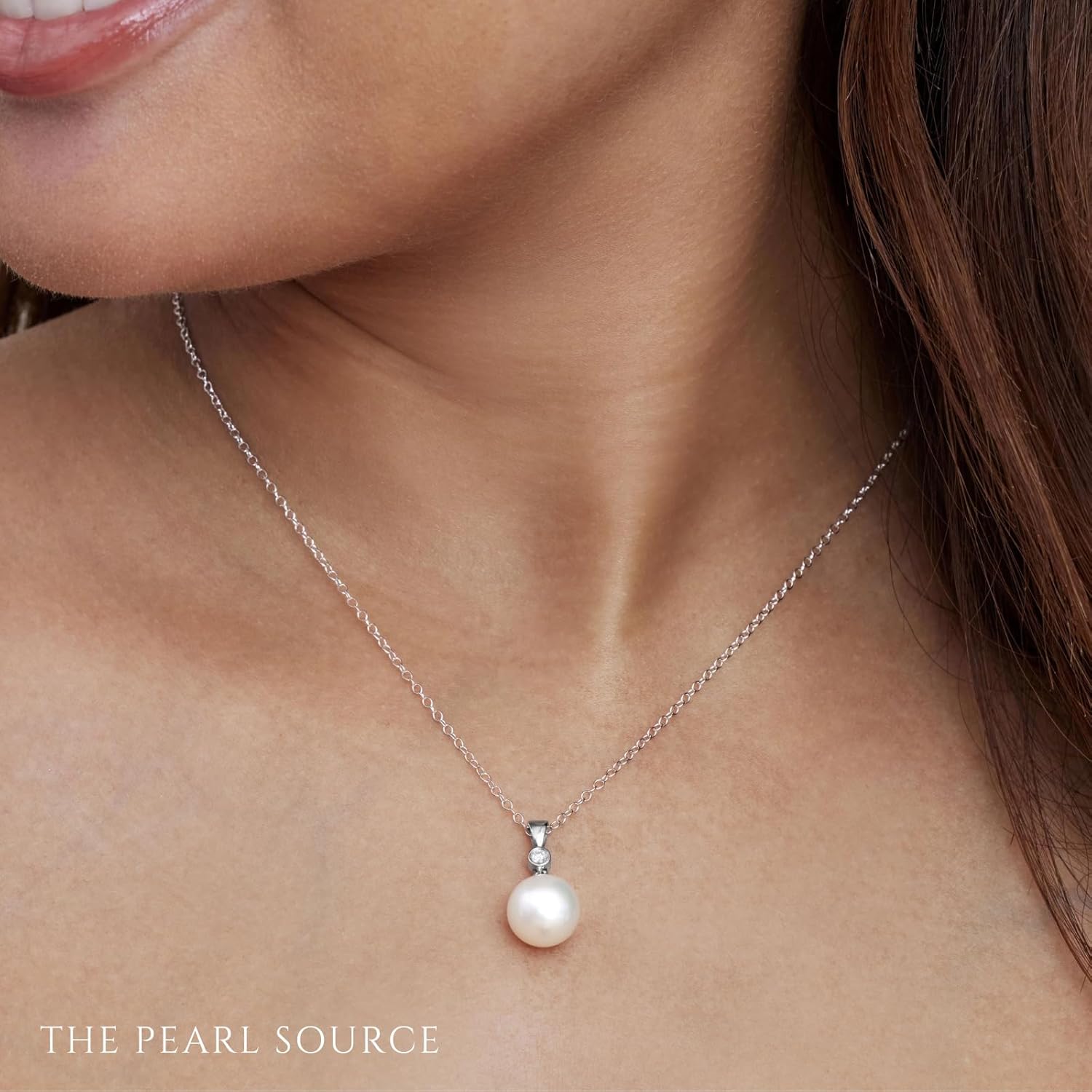 The Pearl Source 14K Gold Round White Akoya Cultured Pearl & Diamond Michelle Pendant Necklace for Women - Image 3