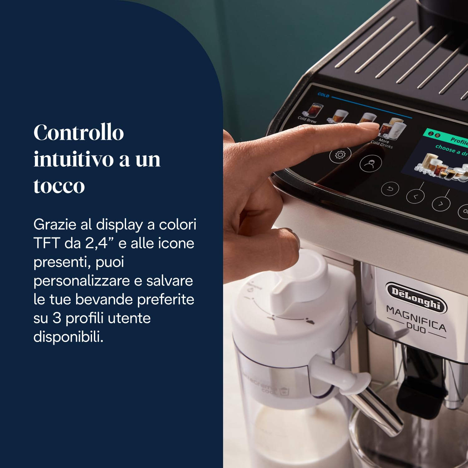 De’Longhi Magnifica Duo – Perfetto Macchina da Caffè Automatica con Montalatte Automatico LatteCrema, 20 Bevande Calde e Fredde, Display a Colori con Icone, Argento Spazzolato (ECAM332.80.SXB)
