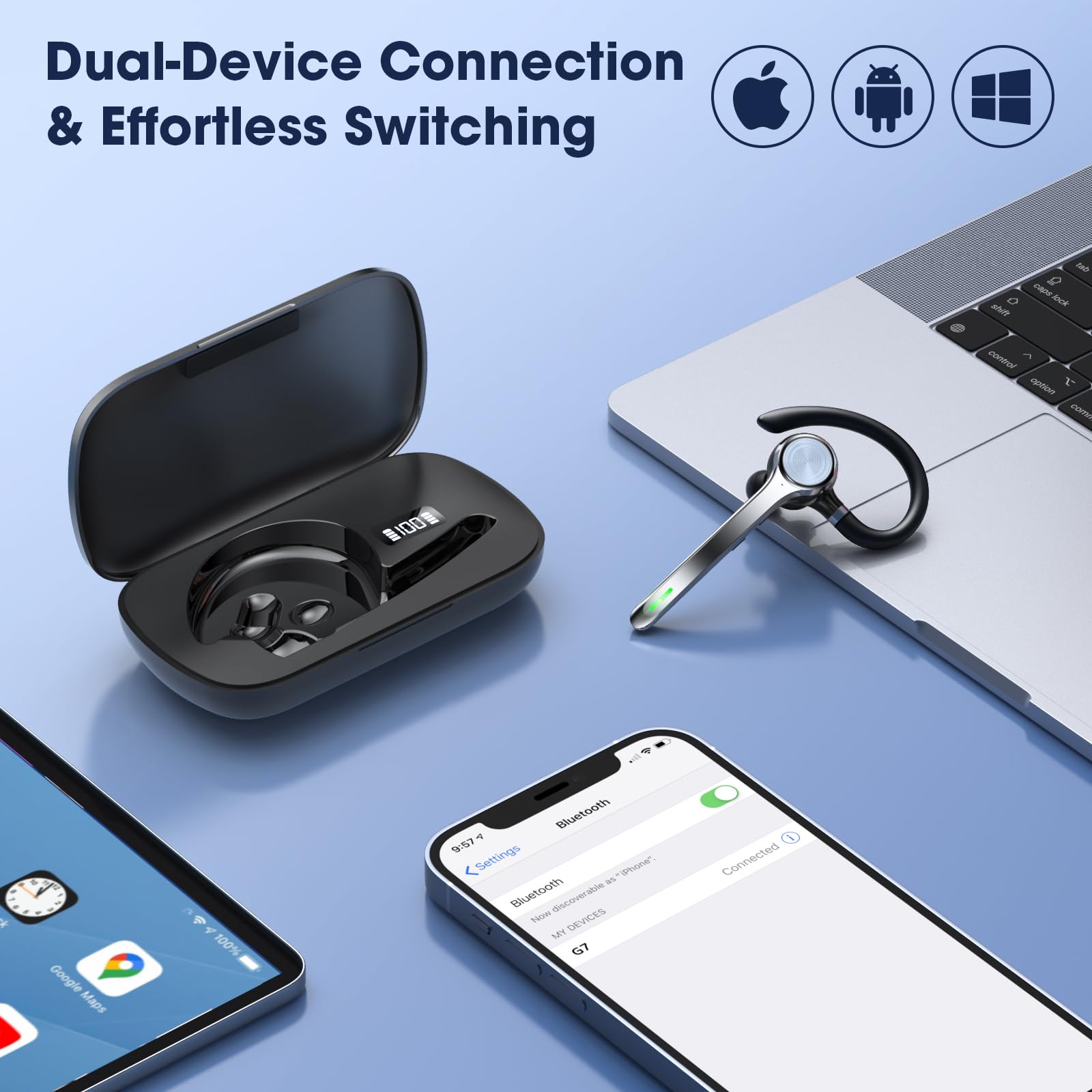 Ngsod Bluetooth Headset, Wireless Earpiece with Upgrade Noise Canceling Mic,500mAh Charging Case Support 72H Talking Time,Hand-Free Headphones with Mute Button for Computer Cell Phones Trucker Work — view 6
