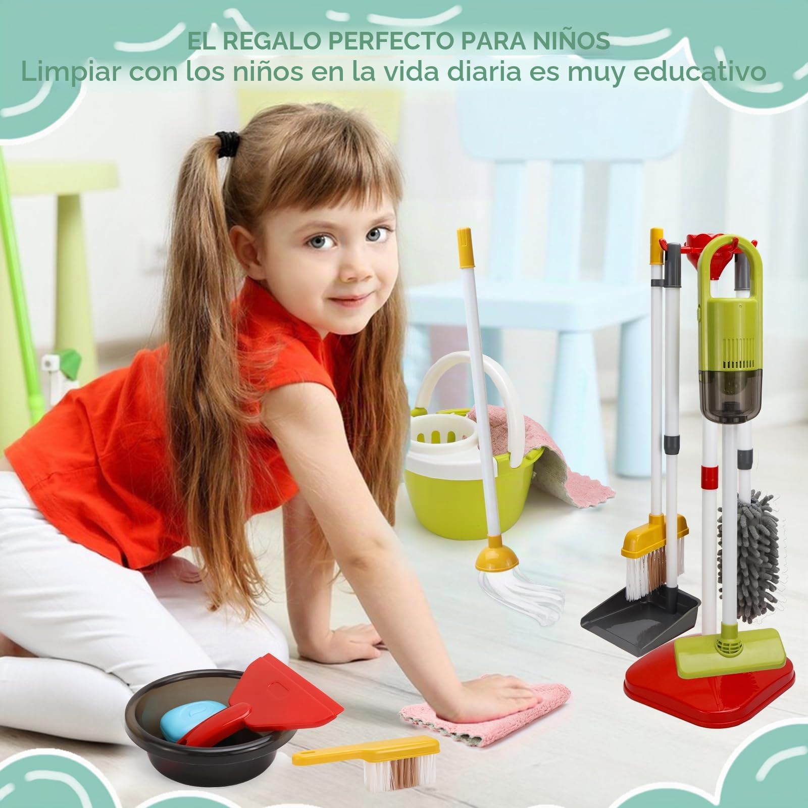 Juego de 14 piezas de limpieza para niños, aspiradora infantil, a partir de 2 años, juego de limpieza para niños con succión y función de sonido (A-14)