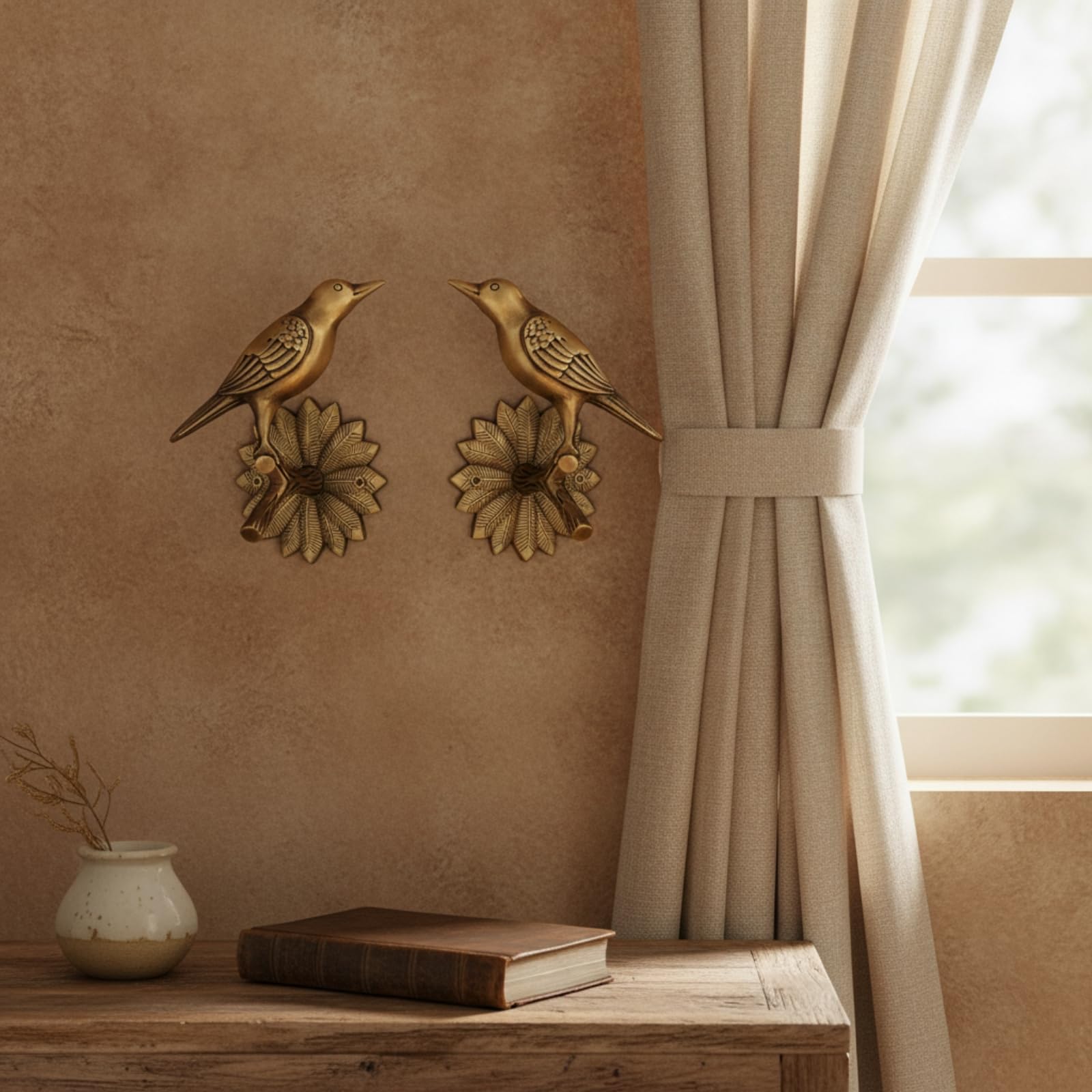 kowaku Crochet Rideau Oiseau Embrasse Rideau Patère Murale Support Draperie Design Rétro avec Feuille Tenue Soignée des Draperies Convient au Salon Chambre Décoration Campagne
