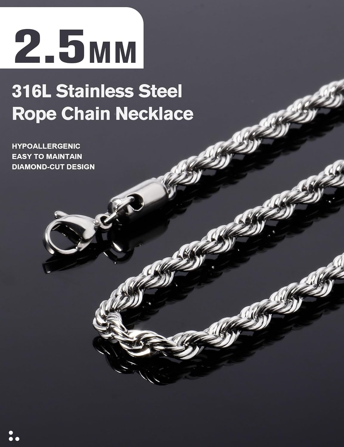 Silver Plated Rope Chain Necklace for Women, 2.5mm Dainty Silver Rope Link Chain Necklace 22 Inches - Image 4