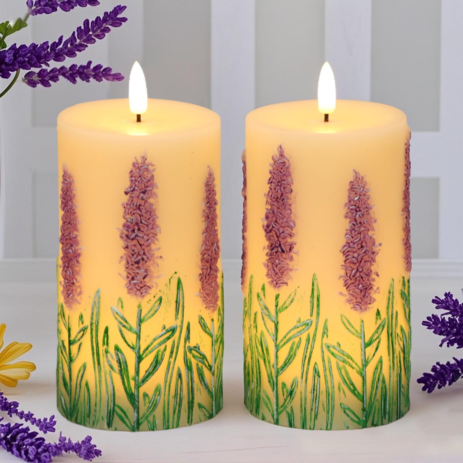 Eldnacele Lavender LED Candles Battery Operated with 6 Hour Timer, Real Wax Hand-Painted Flameless Pillar Candles with Flickering Flame for Christmas Decorations(2 Pack, 3" D x 6.5" H)