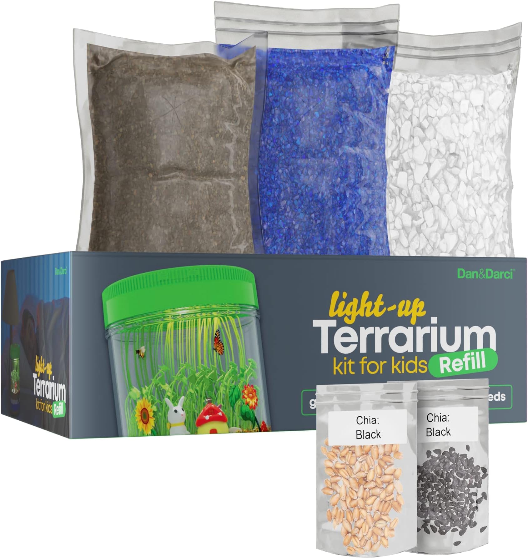 Mini Explorer Refill Set for Dan&Darci Light-up Terrarium - Kit Includes: Soil, Blue Sand, River Rocks, and Wheatgrass & Chia Seeds to Grow You Own Beautiful Garden