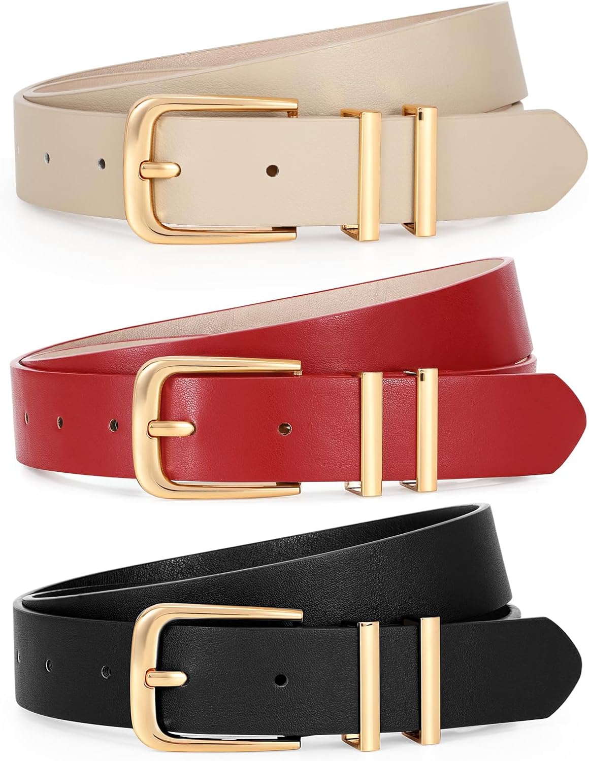 LEACOOLKEY 3 Pack Women's Leather Belts for Jeans Dress Pants Fashion Ladies Leather Belts with Gold Buckle