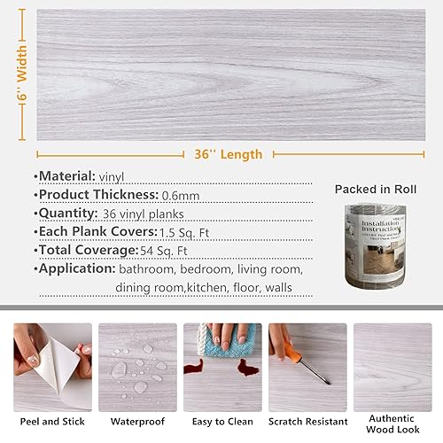 Miniatura 30 de VEELIKE Azulejos de suelo de 6 x 36 pulgadas, para despegar y pegar, impermeables, de madera de roble gris, suelos de vinilo autoadhesivos para sala