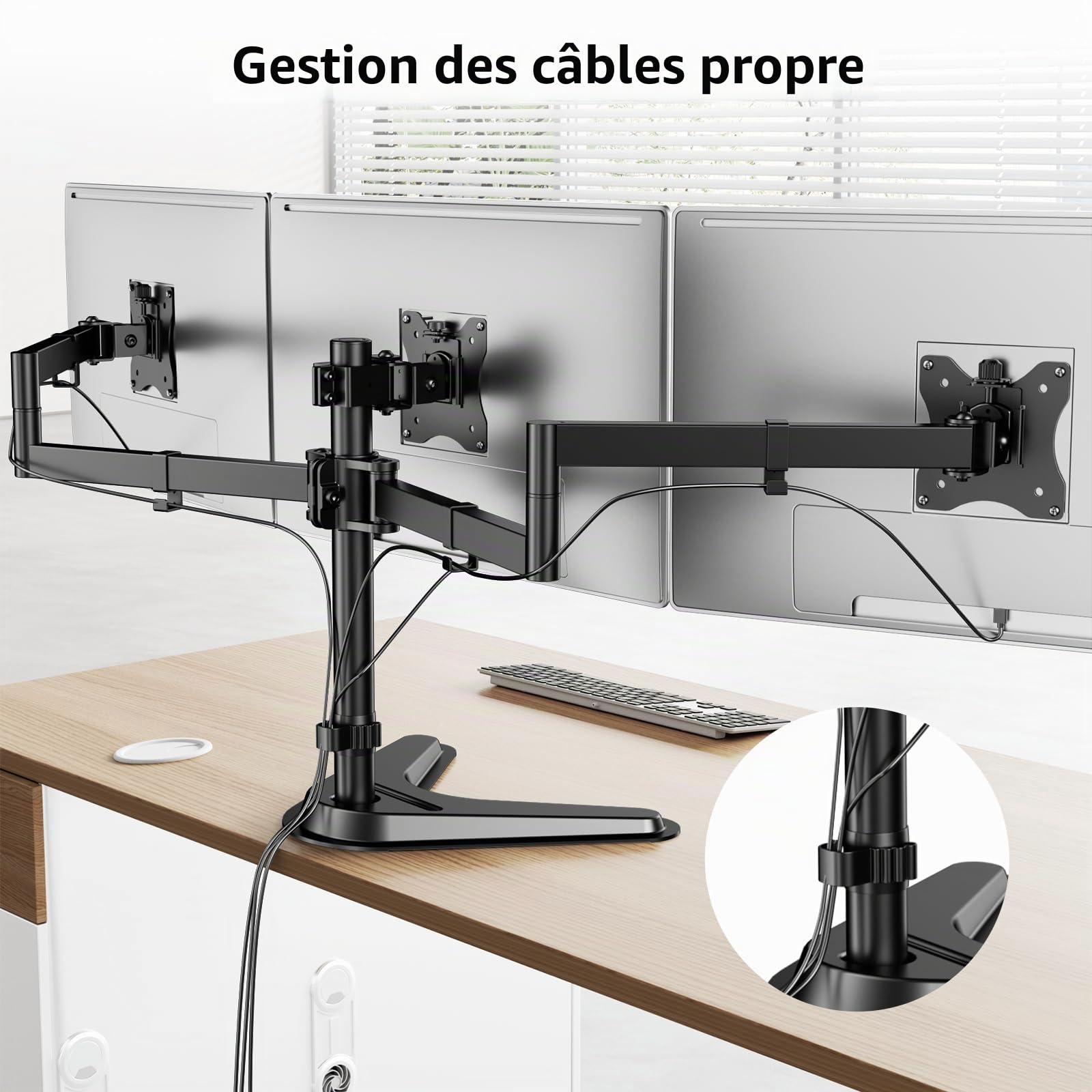 Support Triple Écran Putorsen jusqu’à 27 Pouces - Pied Bureau Lourd et Réglable pour 3 Moniteurs avec Base et Gestion de Câbles, 10 kg par Bras, Noir
