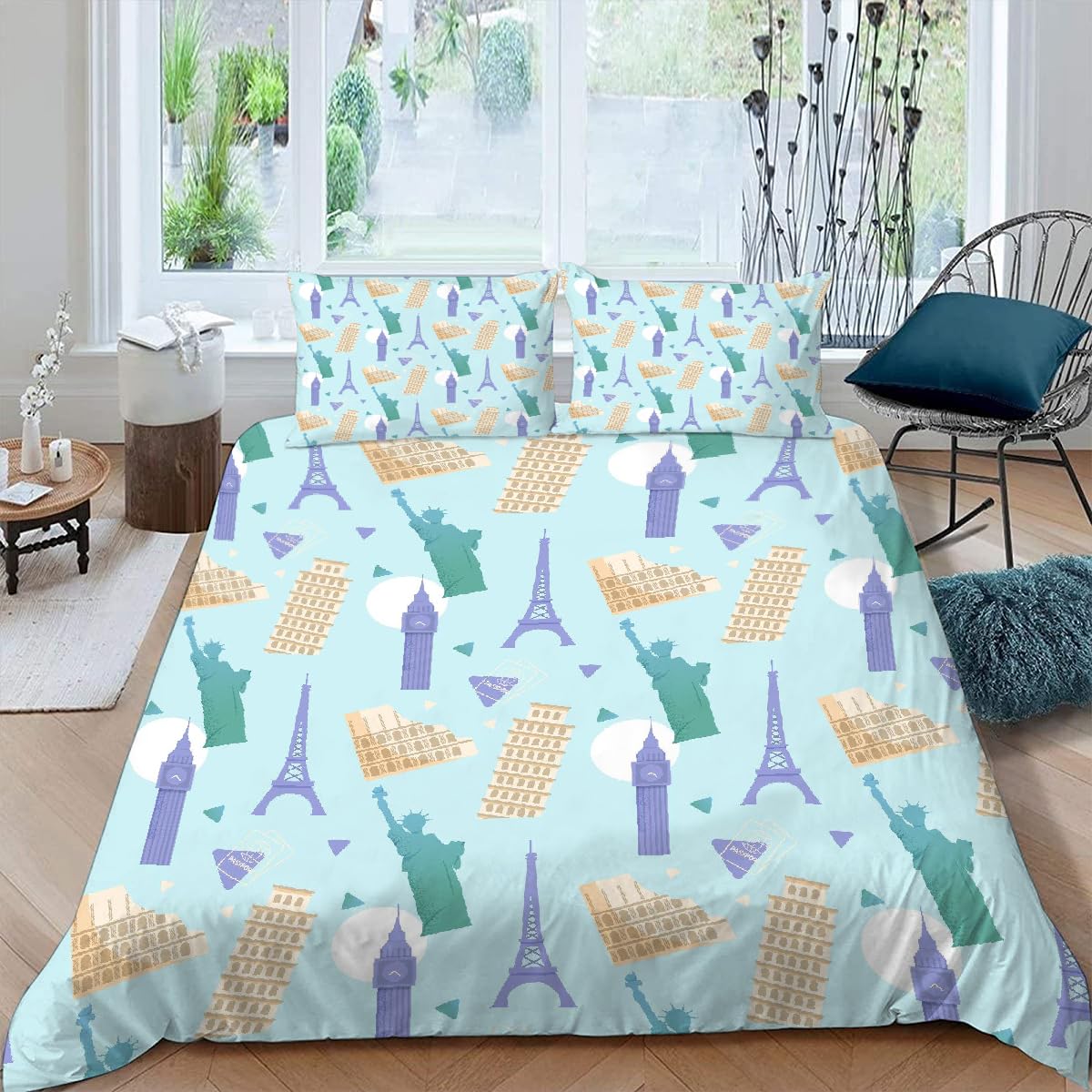 Housse de couette 240x260 Tour Eiffel pour lit 2 personnes avec 2 taies 65x65