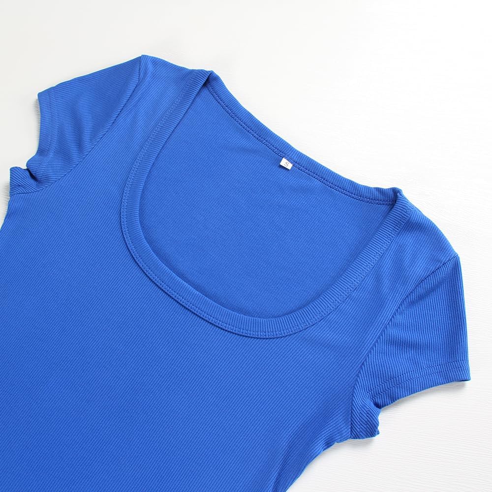 Artfish Women's Short Sleeve T-Shirts Low Scoop Neck Slim Fitted Ribbed Knit Casual Longer Crop Top - Image 3