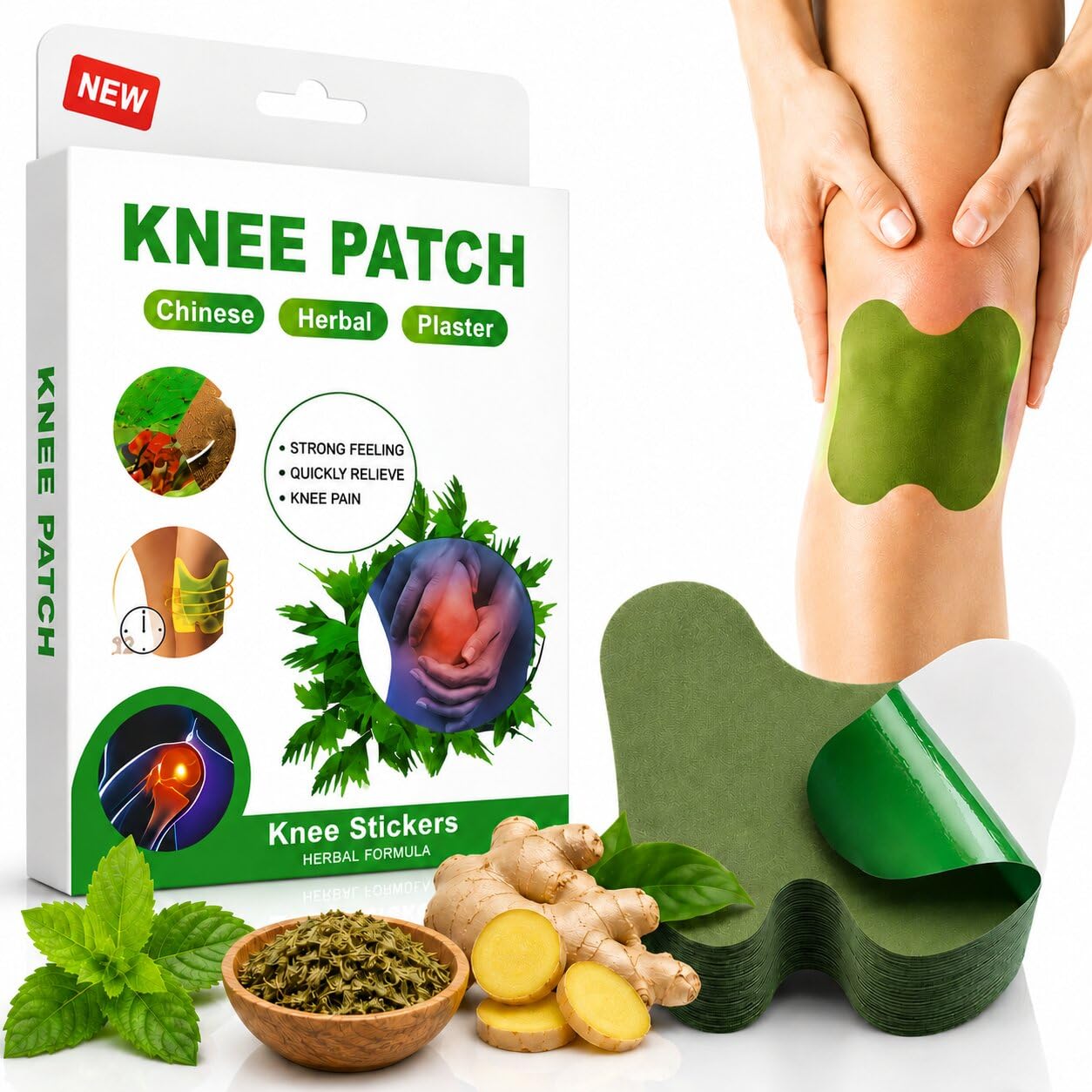 Herbal Knee Pain Relief Patches ,12-Hour Long Lasting Heat Therapy for Joint Pain, Stiffness & Swelling – Ayurvedic Ingredients with Ginger, Mugwort & Eucalyptus Oil – For Men, Women & Elderly ( Pack of 20)