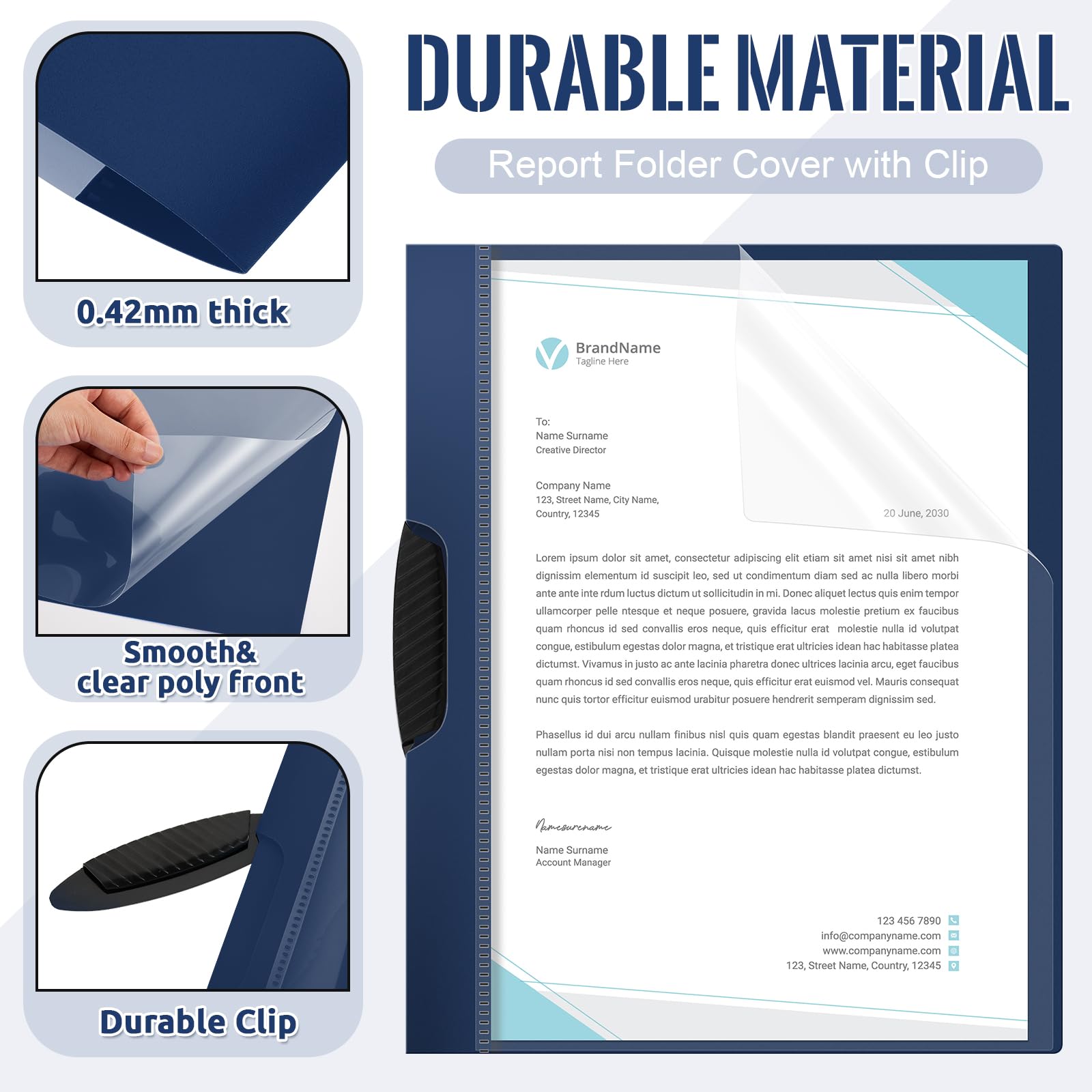 Teling Transparente Berichtsmappen mit Clip, Kunststoff-Präsentationsmappen, 23,9 x 30,6 cm, Präsentationsmappen, Papierbinder für Klassenzimmer, Geschäftsakten, Dokumente, Schule, Büro, Marineblau,