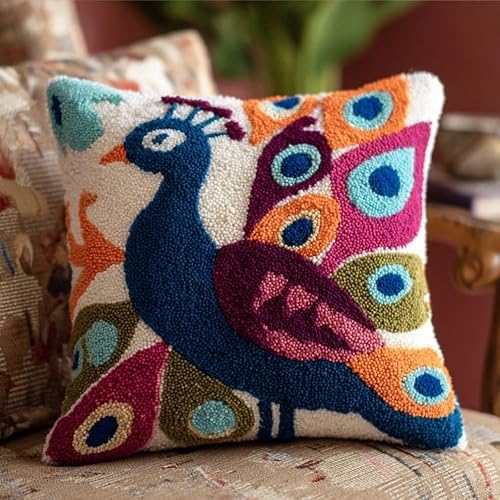 Taxpy DIY Latch Hook Pillow Kit,Peacock and Butterfly 43 X 43 Cm