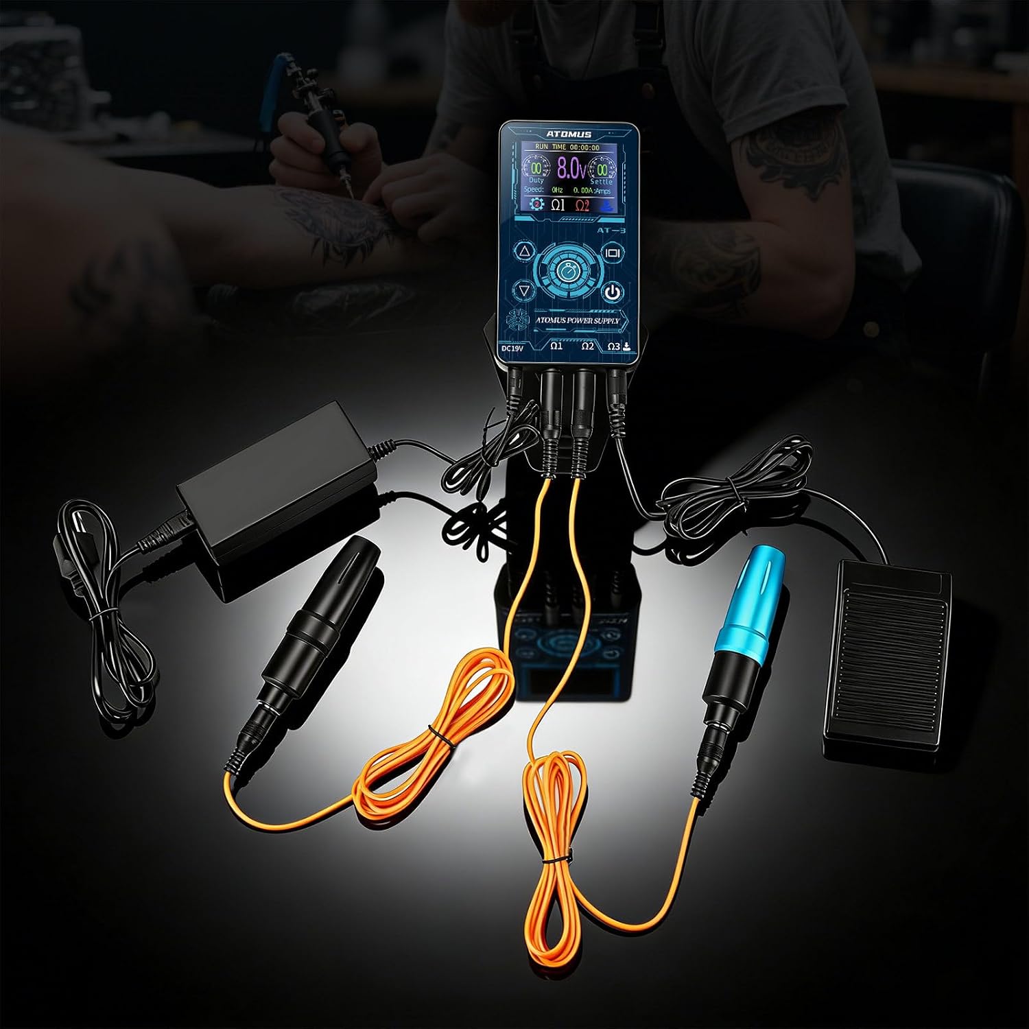 ATOMUS Tattoo Power Supply Touch Screen Digital LCD Power Supply with Clip Cord Foot Pedal Connection Port for Tattoo Machines