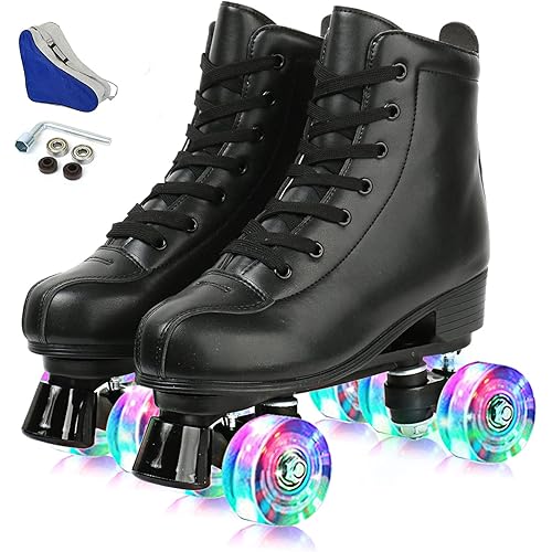 YYW Roller Skate for Women Men Light up Wheel - Double Roller Skater High-top PU Leather Roller Skate Shoes Adjustable PU Roller Skates with Four Piles for Adult Girls Beginners