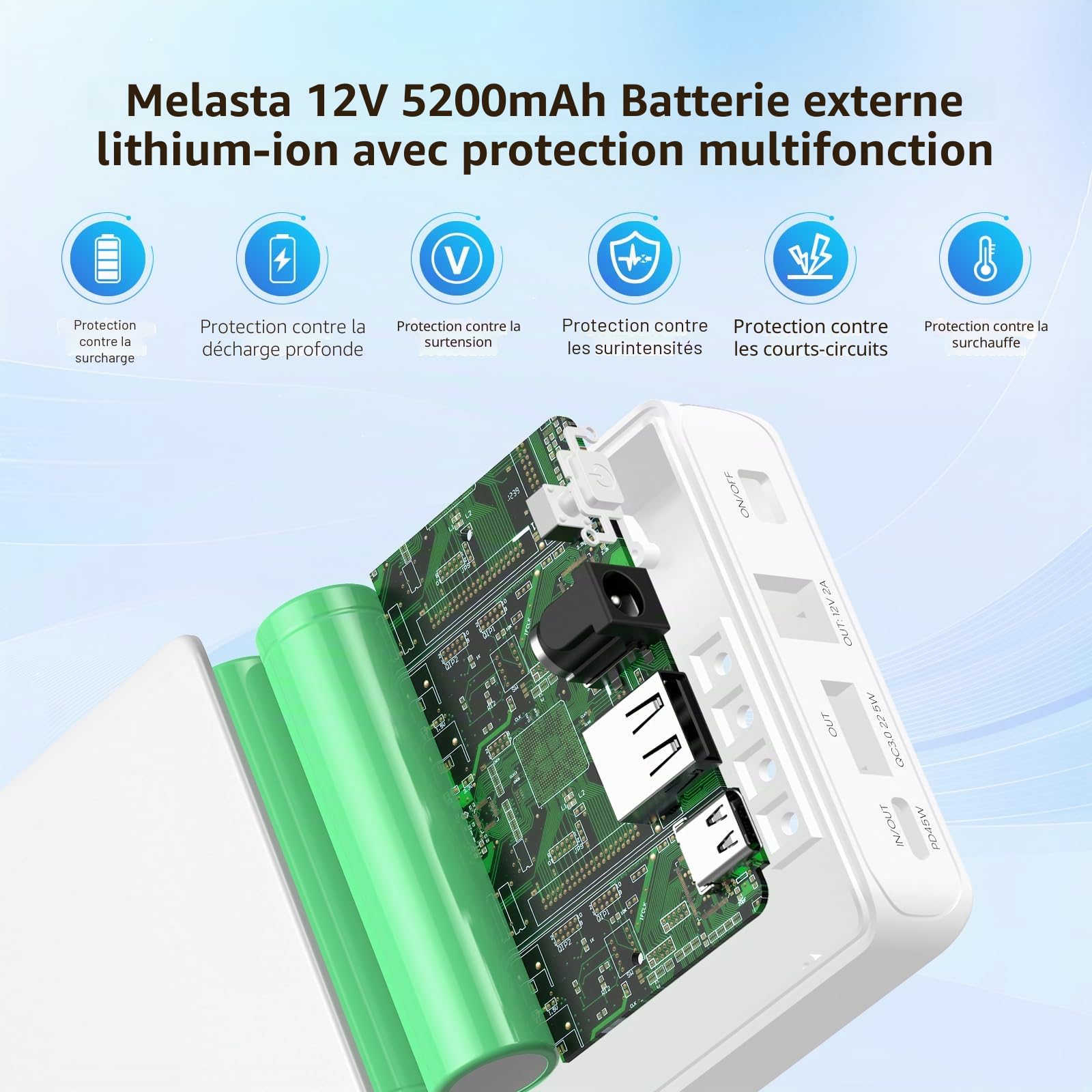 melasta Power Bank 5200 mAh, 12 V Power Bank portable pour téléphones portables avec port 3 en 1, PD 45 W USB-C Port de charge rapide | Port CC 12 V/2 A | QC3,0 22,5 W USB-A Port, Powerbank pour