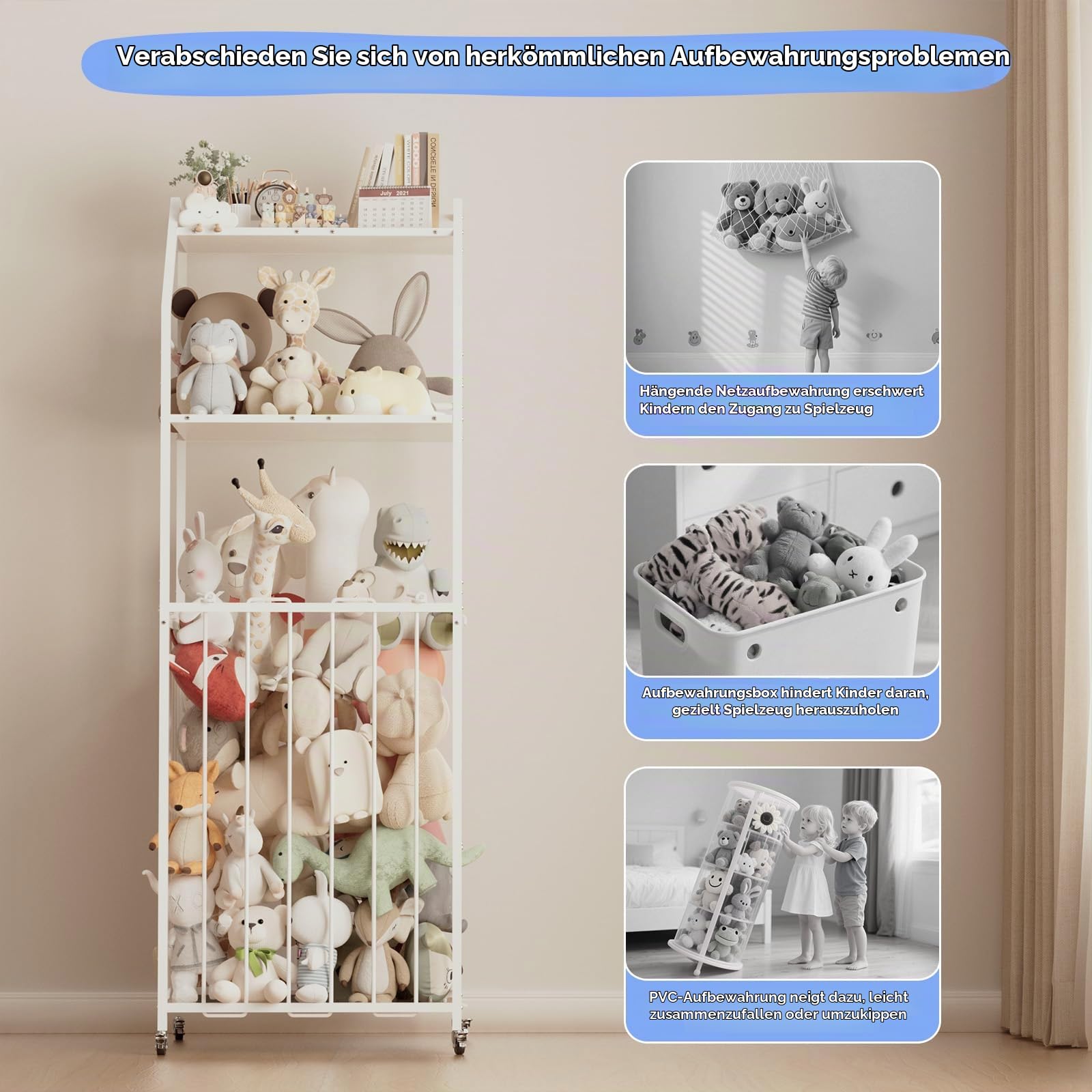 Kuscheltier Aufbewahrung, 3 Stöckig Spielzeug Aufbewahrung mit Bremsrad, Groß Plüschtier Aufbewahrungs de Holz und Metall, Platzsparendes, für Kinderzimmer, Schlafzimmer, Babyzimmer (57,9”H)