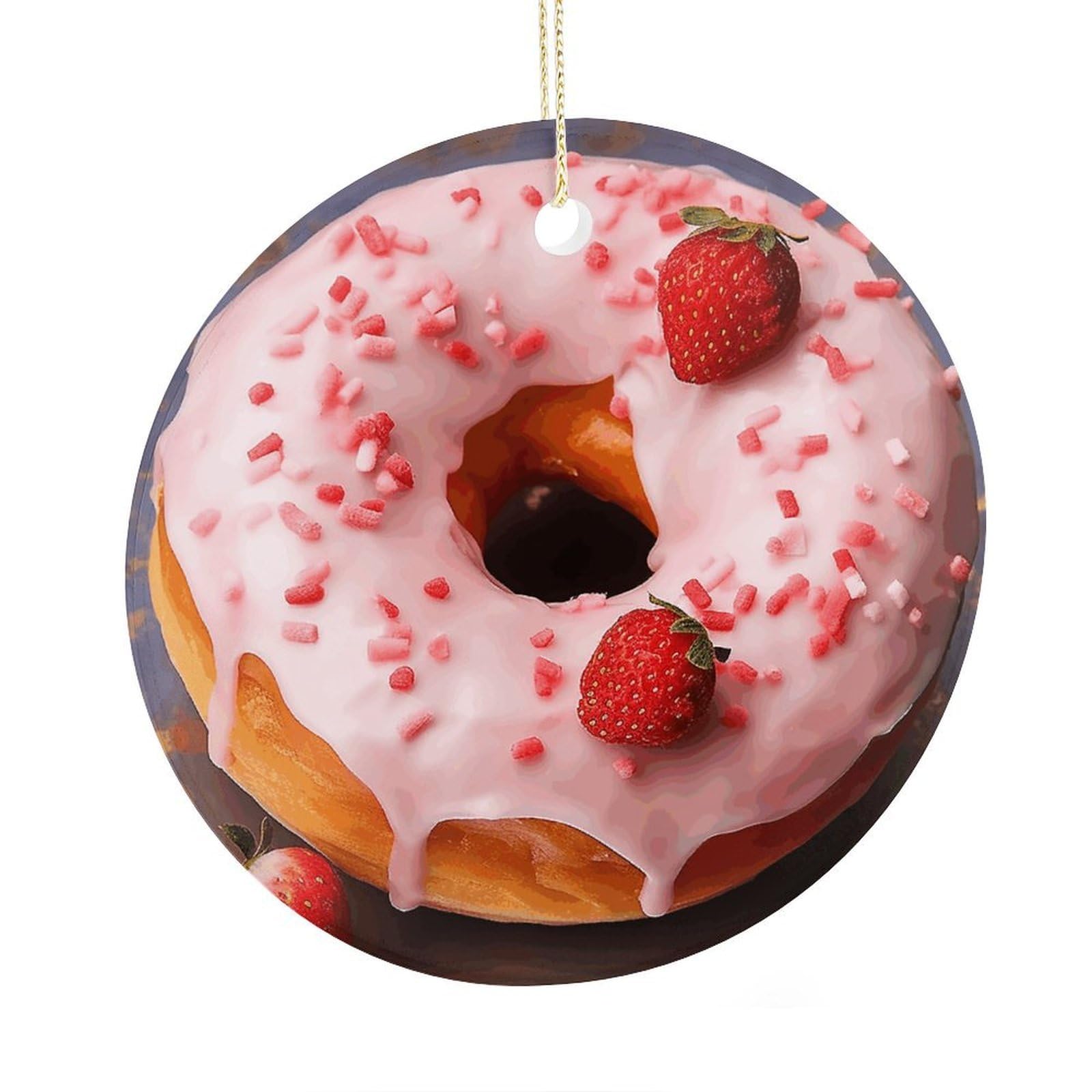 Adfgyerh Style Strawberry Donut Ceramic Circular Pendant,2.9 Inch，Hanging Ornament，Gift Exchange Idea Round Ceramic Ornament,For Mom And Daughter，For Home Indoor Outdoor Decor.