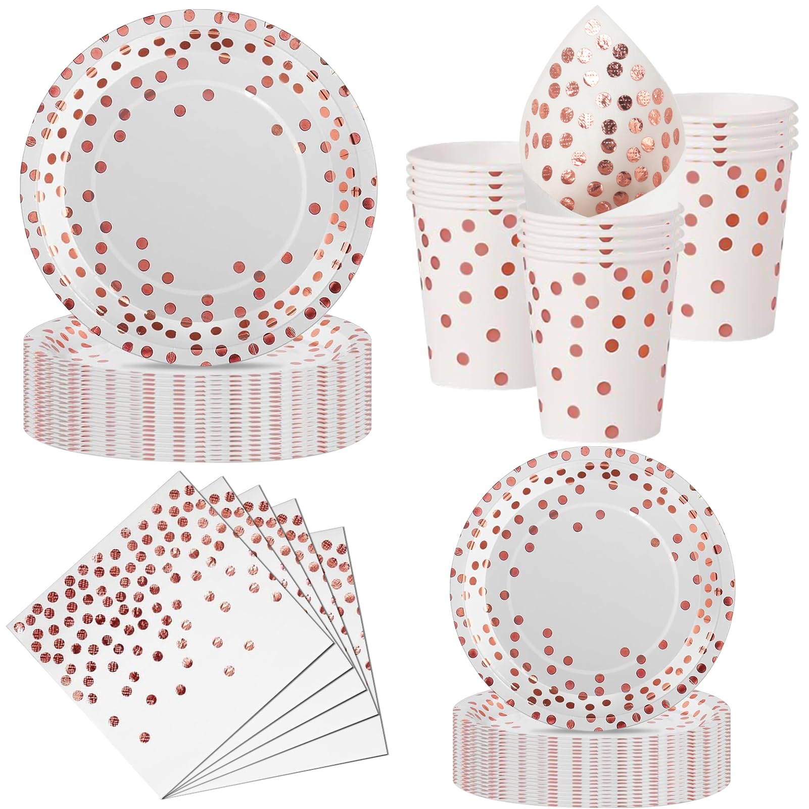 Nkaiso Paper Plates and Cups and Napkins Set, 50 Piece Rose Gold Party Tableware, Disposable Plate Napkins Cups Dinnerware Party Supplies for Birthday BBQ Picnic Decorations