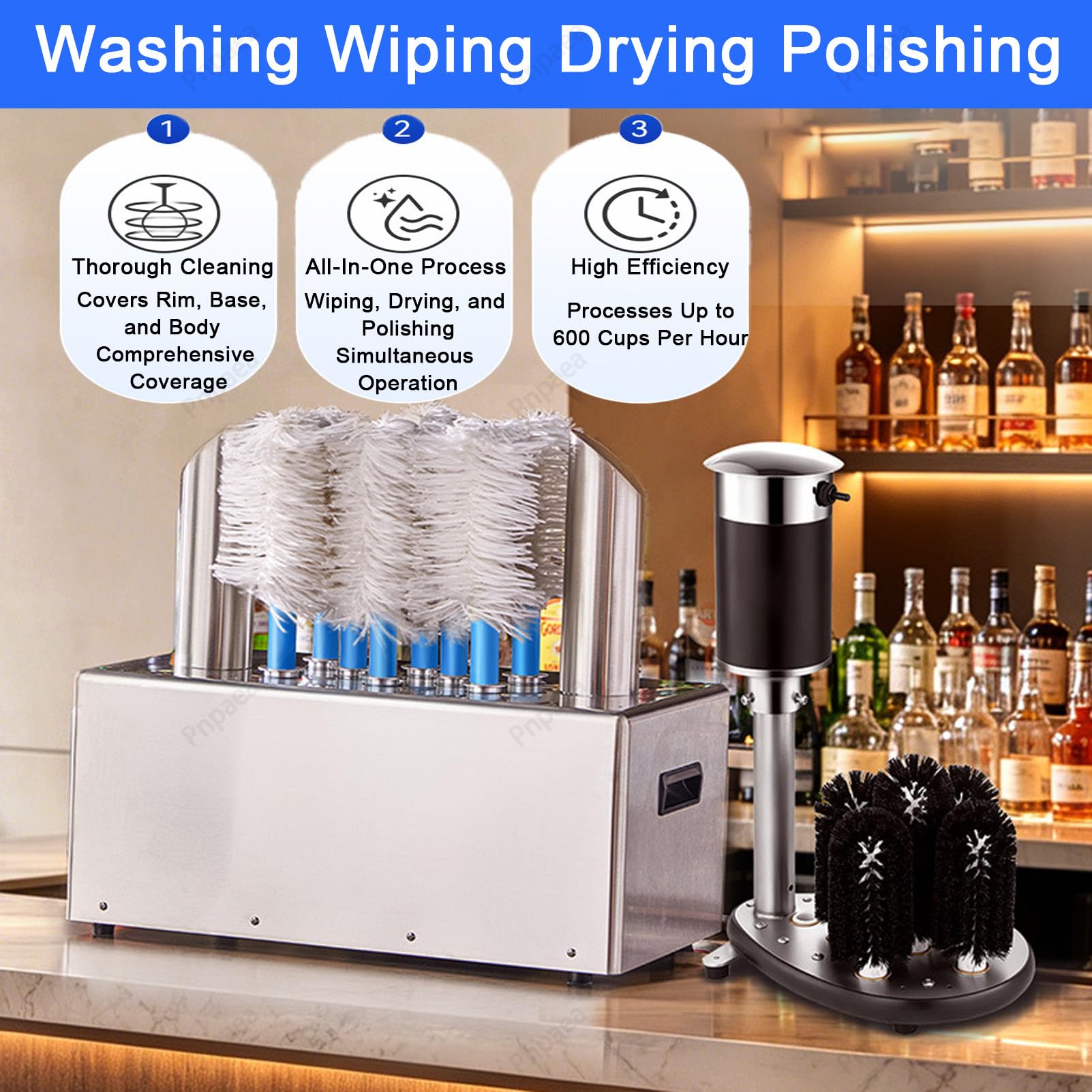 Lave-Verres,Rince Verre éLectrique Professionnel 1200 Verres/H avec 5 Ou 8 Brosses,Automatique, en Acier Inoxydable pour Bars, Restaurants, Pubs ClassicModel