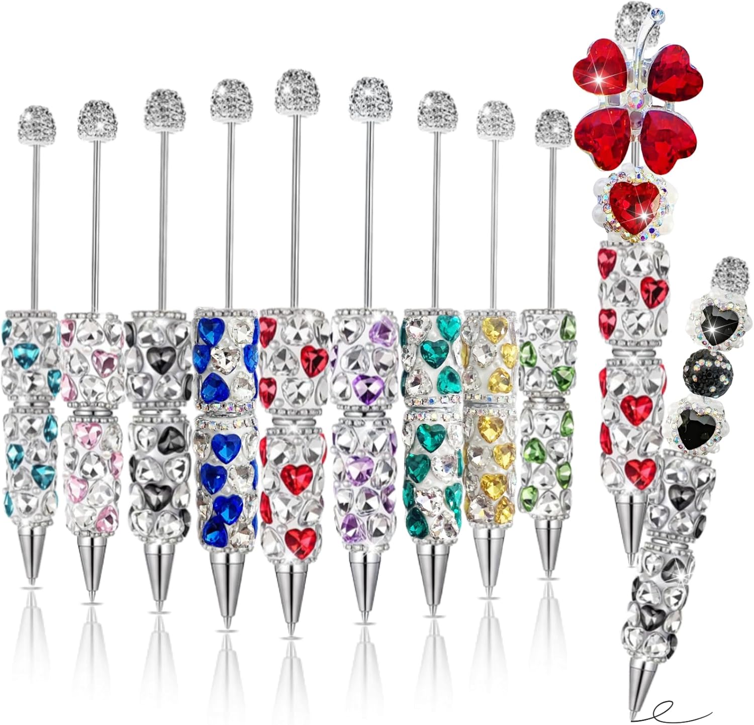 9Pcs Heart Shape Gemstone Beadable Pens Full Rhinestone Fancy Pen for Beads Cute Journalling Pen for Women Fun Bling Ballpoint Pen Tween girls Gifts Valentines Day