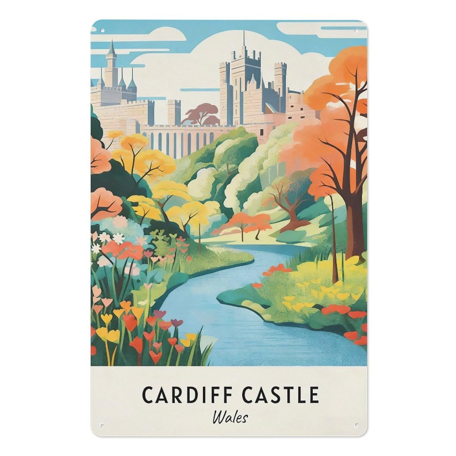 Cardiff Castle Wales Retro Design Tin Painting Vintage Tin Sign 08x12inch(20x30cm) Wall Art for Home Office Bedroom Living Room Cafes Wall Decor