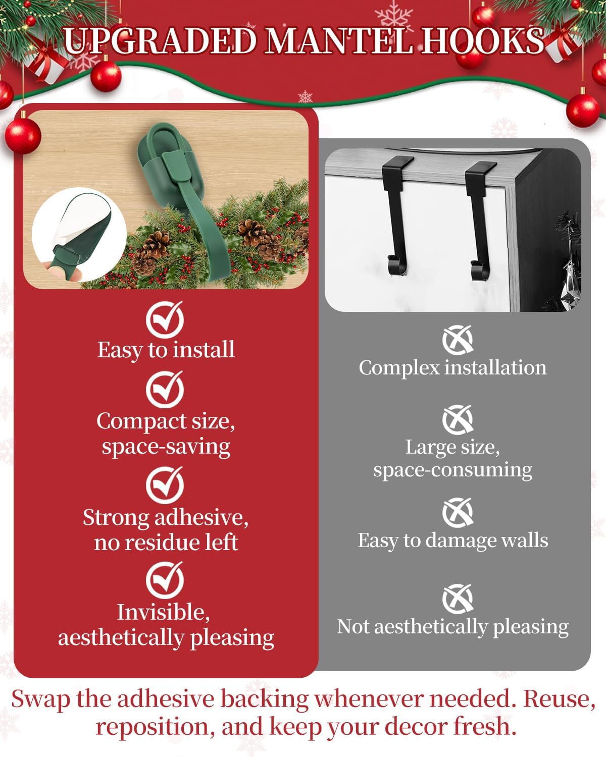 12 PCS Christmas Garland Hangers for Mantle with 24 Adhesive Pads | Reusable Silicone-plastic Hooks for Fireplace Stocking & Wreath, No-Drill Garland Holder for Door Frame, Banister Decoration