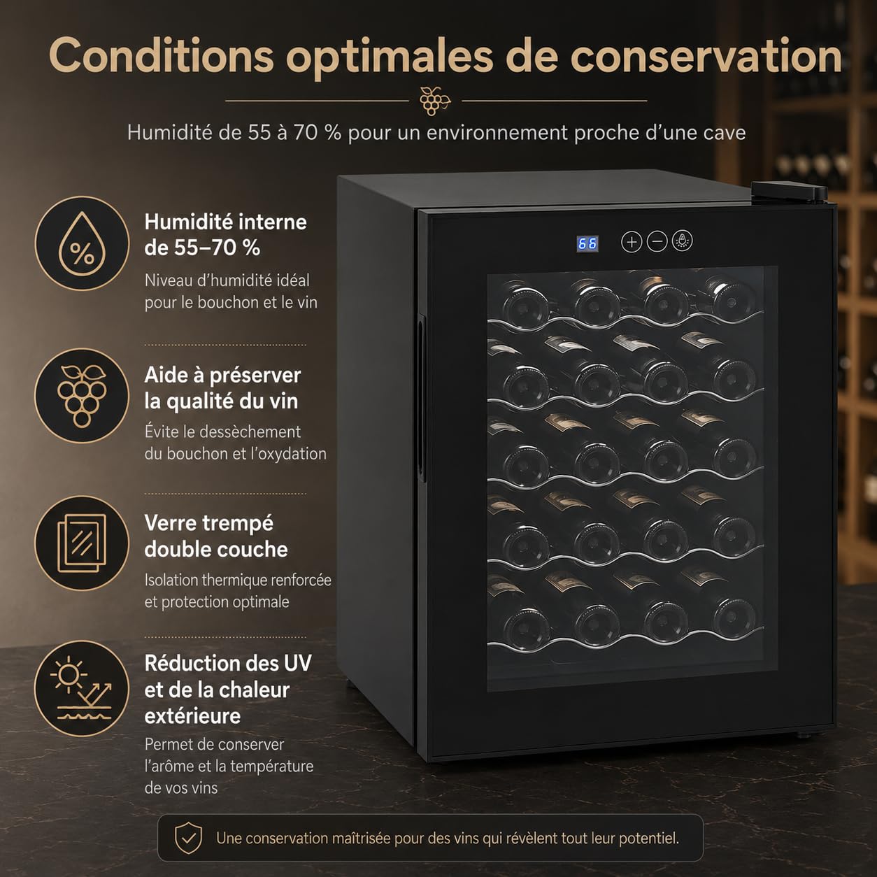 Cave à Vin 20 Bouteilles 48 L Réfrigérateur à Vin avec Température Réglable 12-18 °C, Porte en Verre Trempé, Lumière LED Bleue