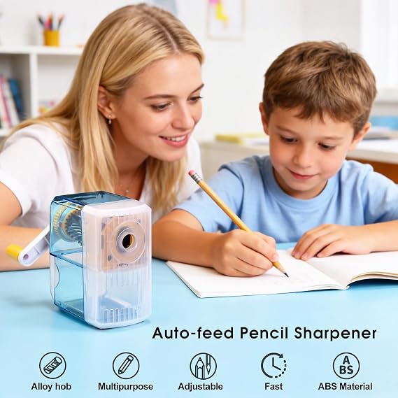 Manual Pencil Sharpener Desktop Pencil Sharpener with Container Adjustable in 3 Grades of Thickness Suitable for Artists, Teachers, Students and Kids (Blue 01)