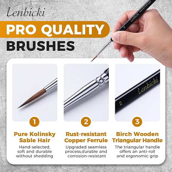 5PCS Kolinsky Sable Paint Brushes for Miniature Watercolor Acrylic Oil | Triangular Handle, Ideal for MIniature Model Painting, Paint by Numbers & Fine Art, Professional Brush Set for Detailed Work