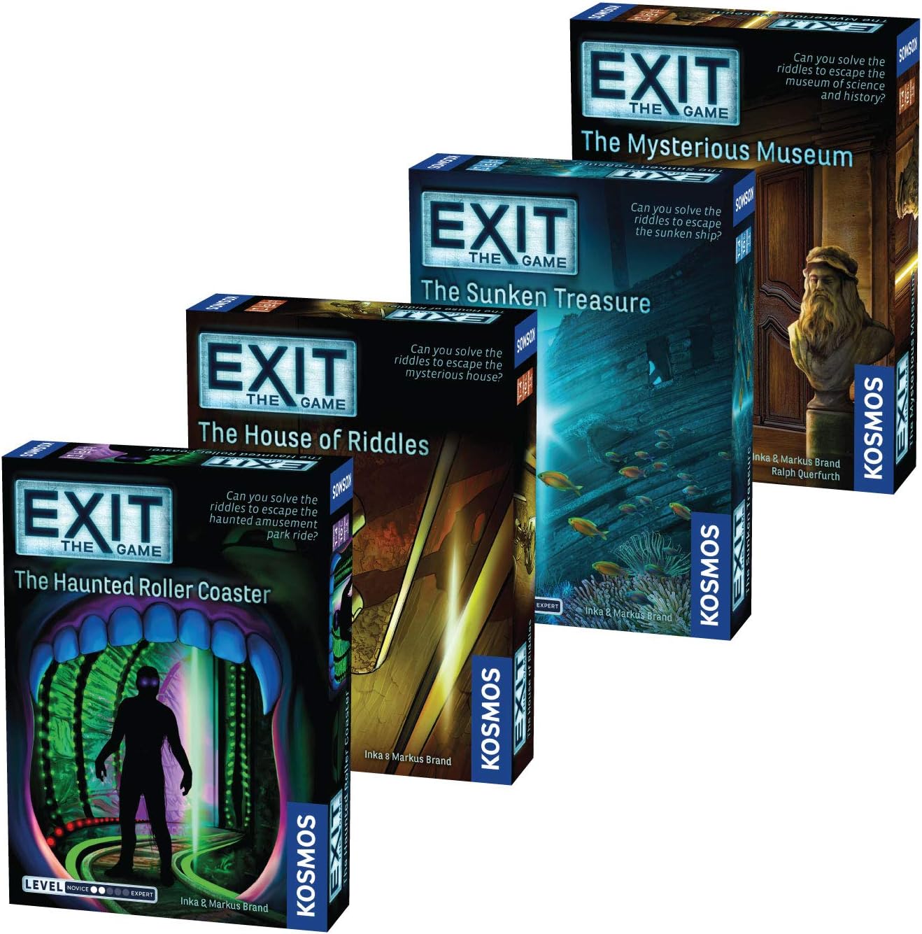 EXIT: The Game 4-Pack Escape Room | Beginner Bundle | Haunted Roller Coaster, Sunken Treasure, Mysterious Museum, House of Riddles | Family-Friendly, Cooperative Game | 1- 4 Players, Ages 10+