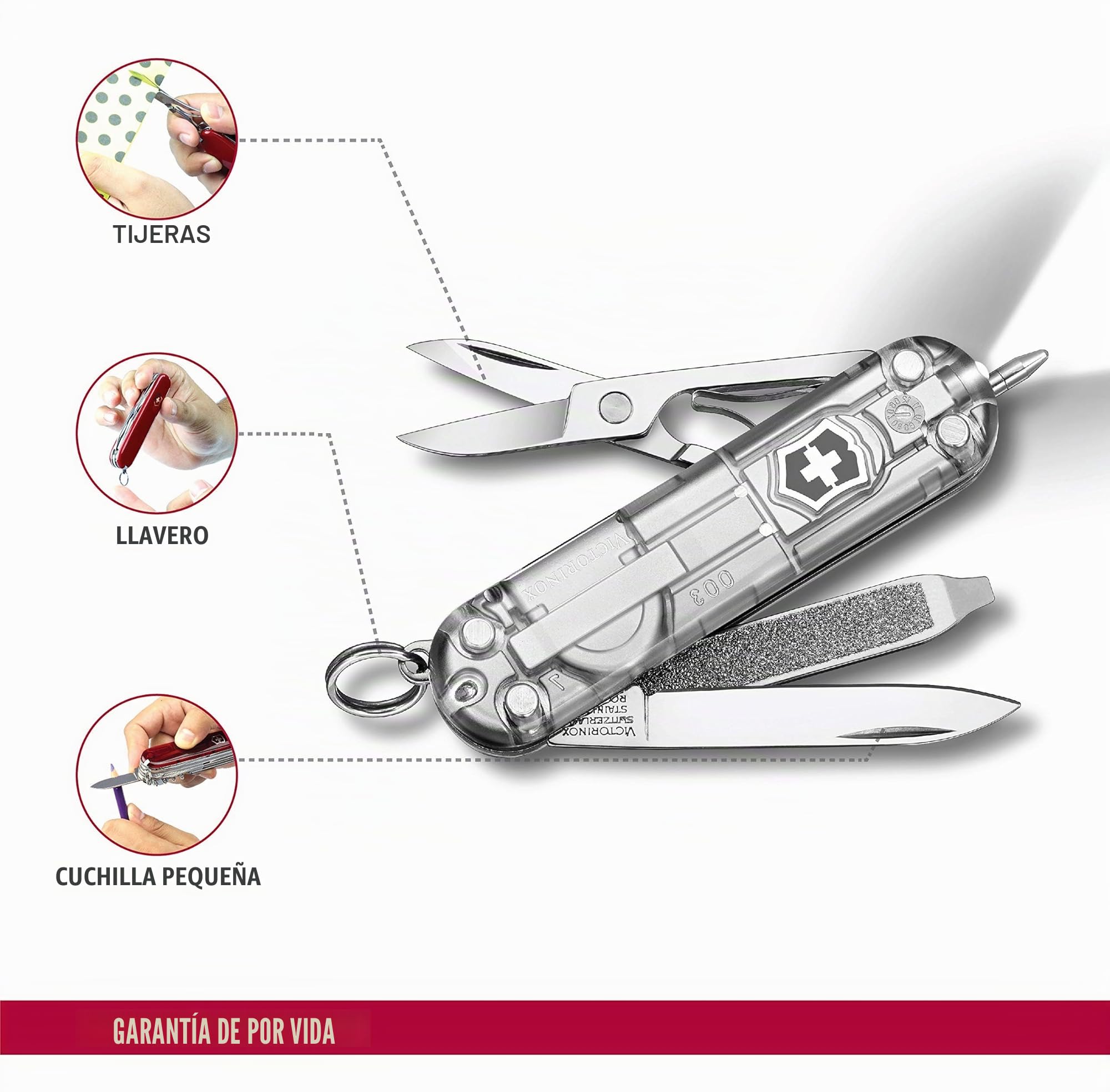 Victorinox Signature Lite, Navaja suiza con 7 funciones, incluyendo bolígrafo y luz LED, de color plateado transparente
