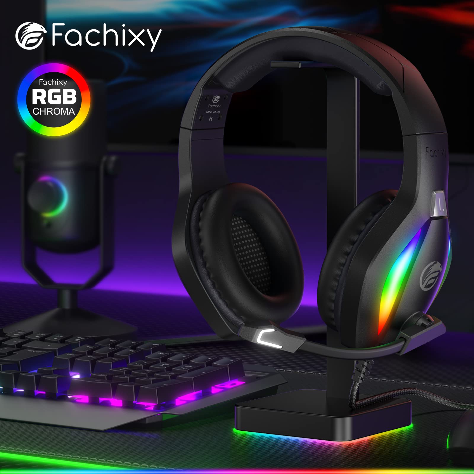 Fachixy FC100 Casque Gaming pour PC, PS4, PS5, Xbox, Mac, Nintendo Switch, Casque Gamer PS4 avec Lumière RVB, Casque PS5 avec Micro, Casque Antibruit avec Prise Jack 3,5 MM - Noir
