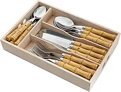 WOLFF Faqueiro de Aço Inox Com Cabo Plástico Bambu 24 Peças - Jogos de Talheres - Mesa Posta - Utensílios de Cozinha, Enxoval, Casamento, Decoração