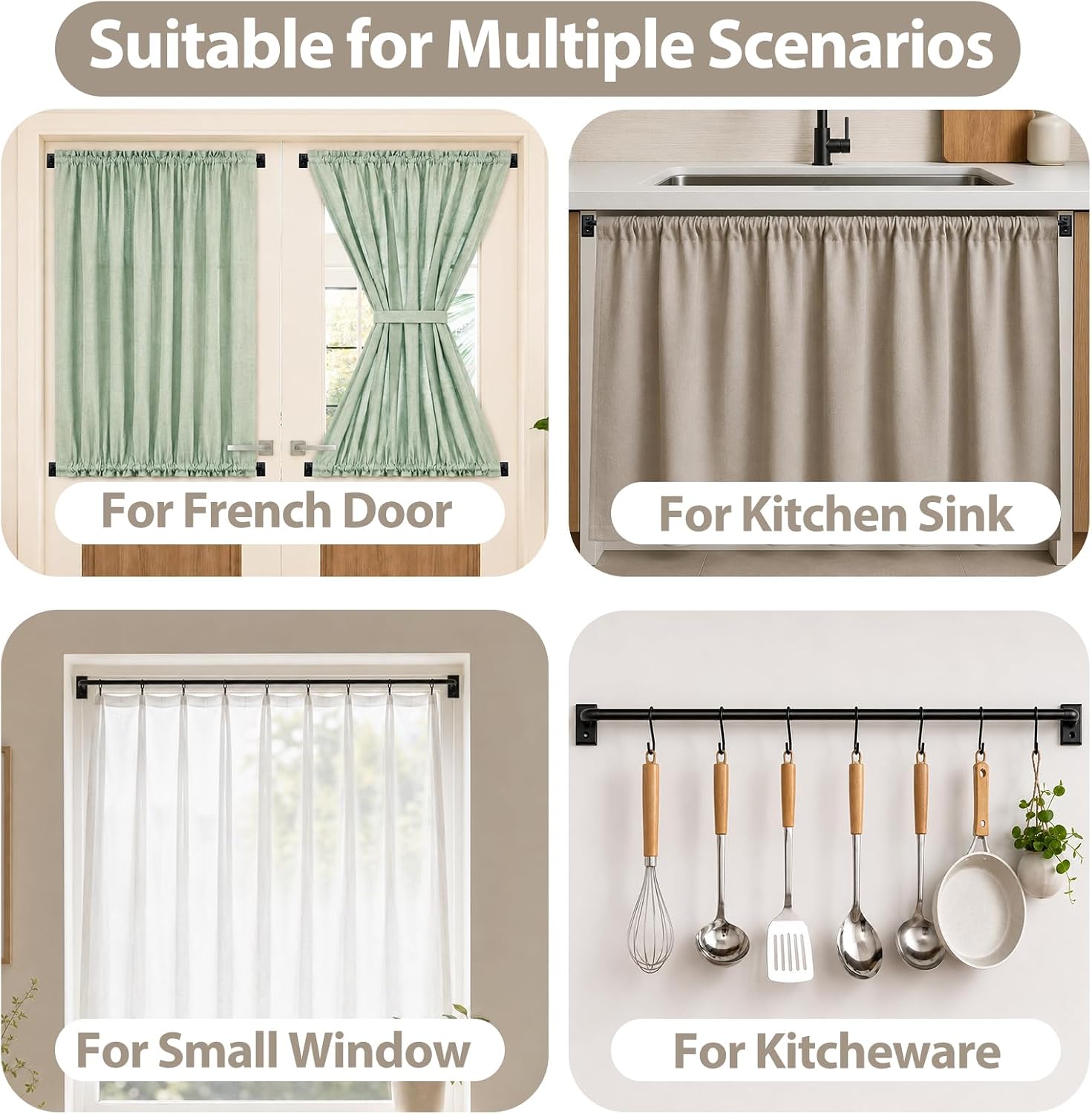 HOTOZON French Door Curtain Rod 2 Pack 16 to 30 Inch, 3/8" Diameter, Black