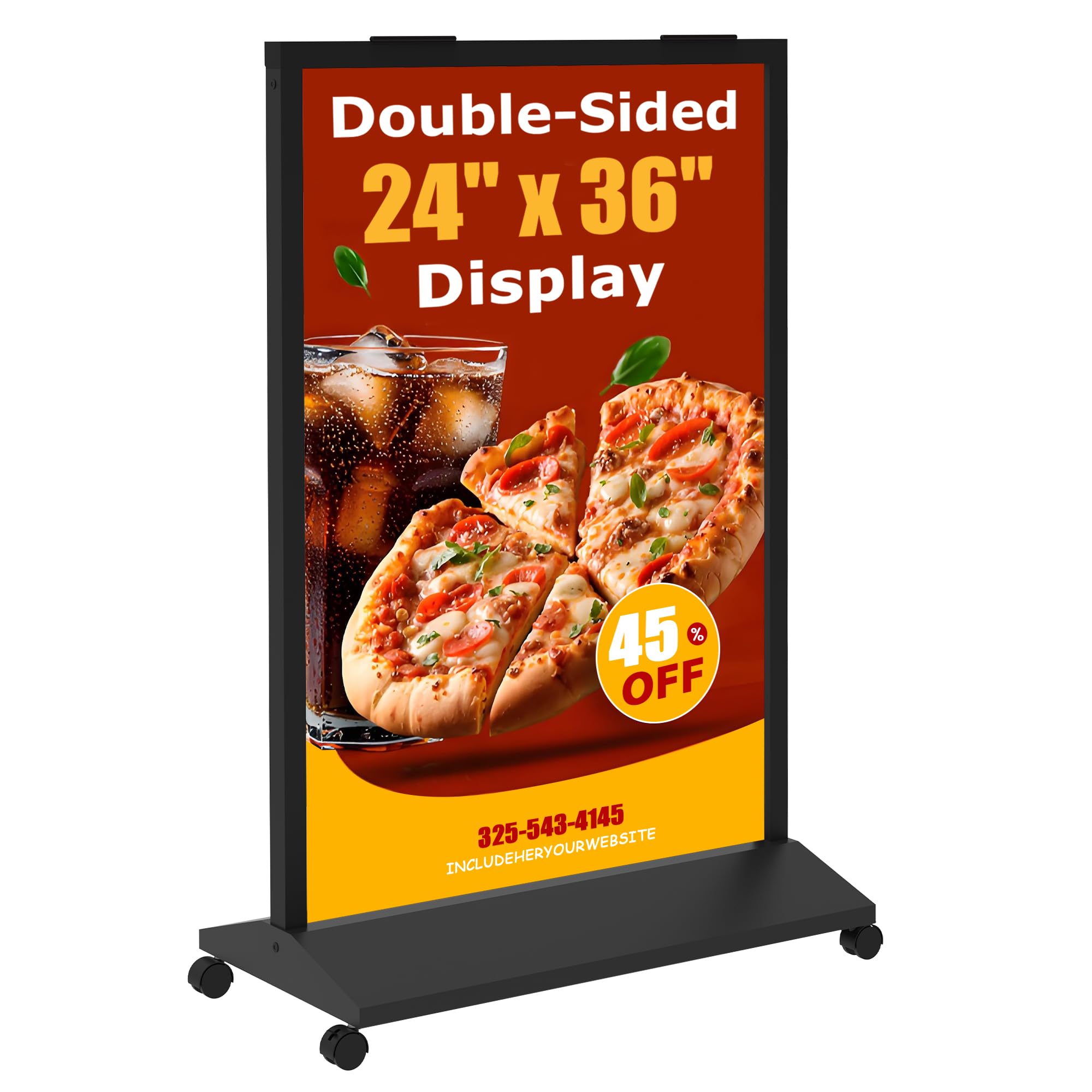 JR-MOV Sidewalk Sign Heavy Duty - 24x36 Inch Double-Sided Poster Stand with 360 Rotating Wheels, Rolling Metal Sandwich Board Floor Standing Sign