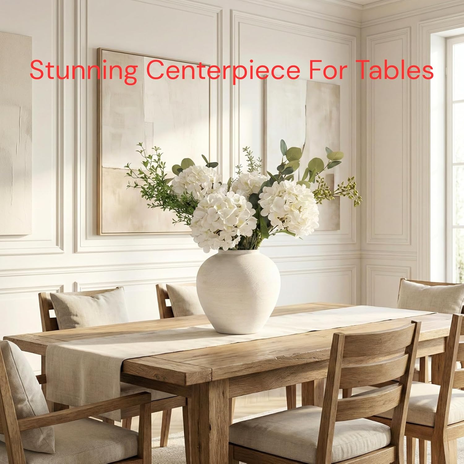 Faux Arrangement - Eucalyptus & White Hydrangea Flowers, Large Artificial Floral Greenery Centerpieces for Tables, Modern Farmhouse Decor for Dining Room, Kitchen & Coffee Table, 30 inches Tall