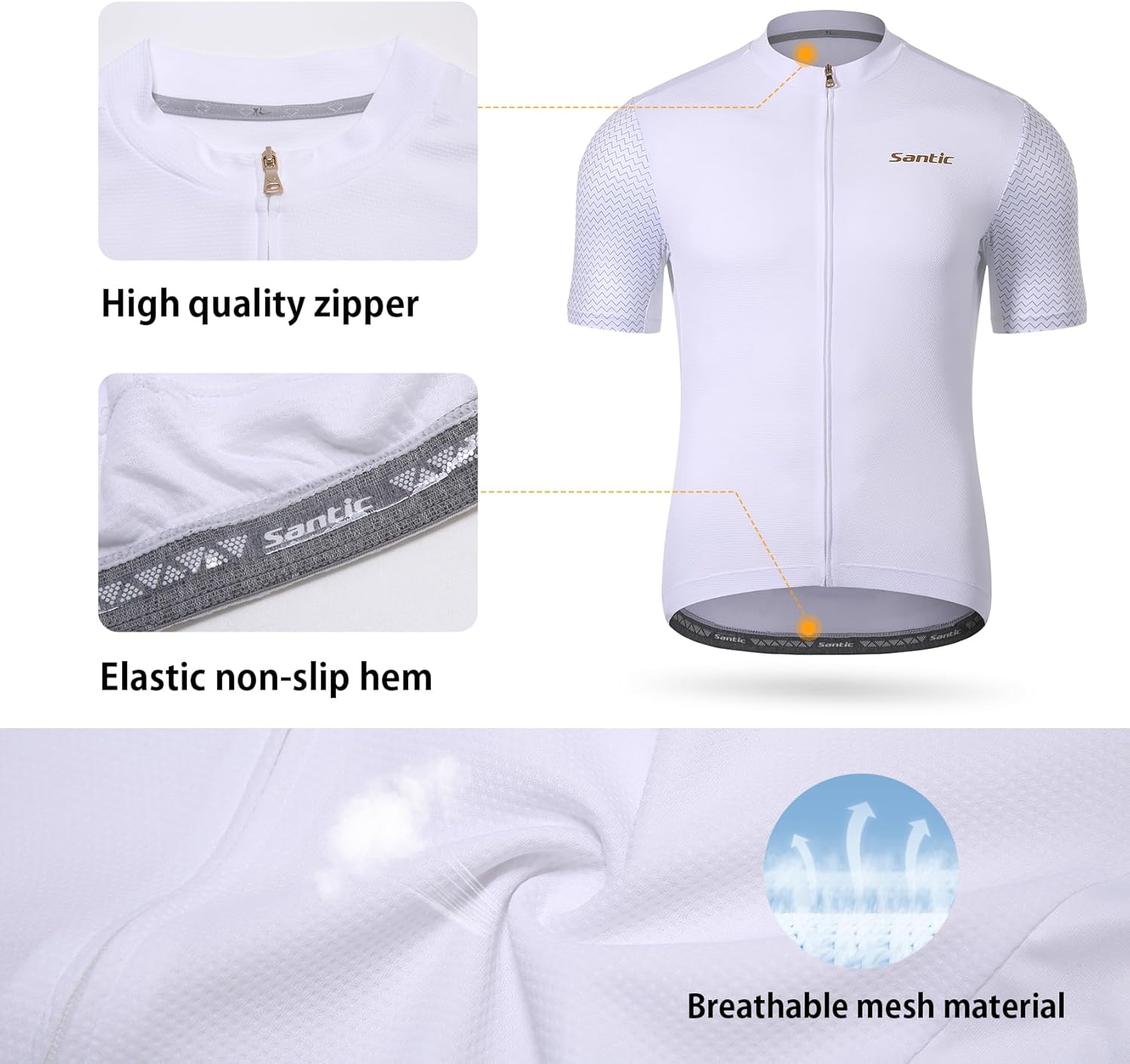 Santic Men's Cycling Jersey Short Sleeve Tops Pro Road Bike Shirt Full Zipper UPF 50+ MTB Jersey with Pockets