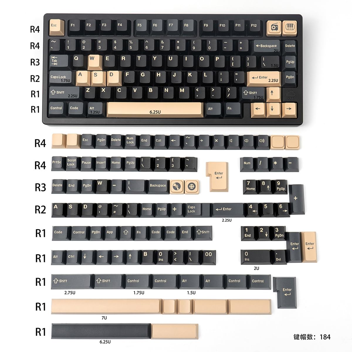 Sumgsn Apes - Juego de 173 Teclas de Doble inyección, Perfil Cherry, para teclados mecánicos 61/64/87/104/108, con distribución ISO/ANSI, diseño Alice y switches Cherry MX