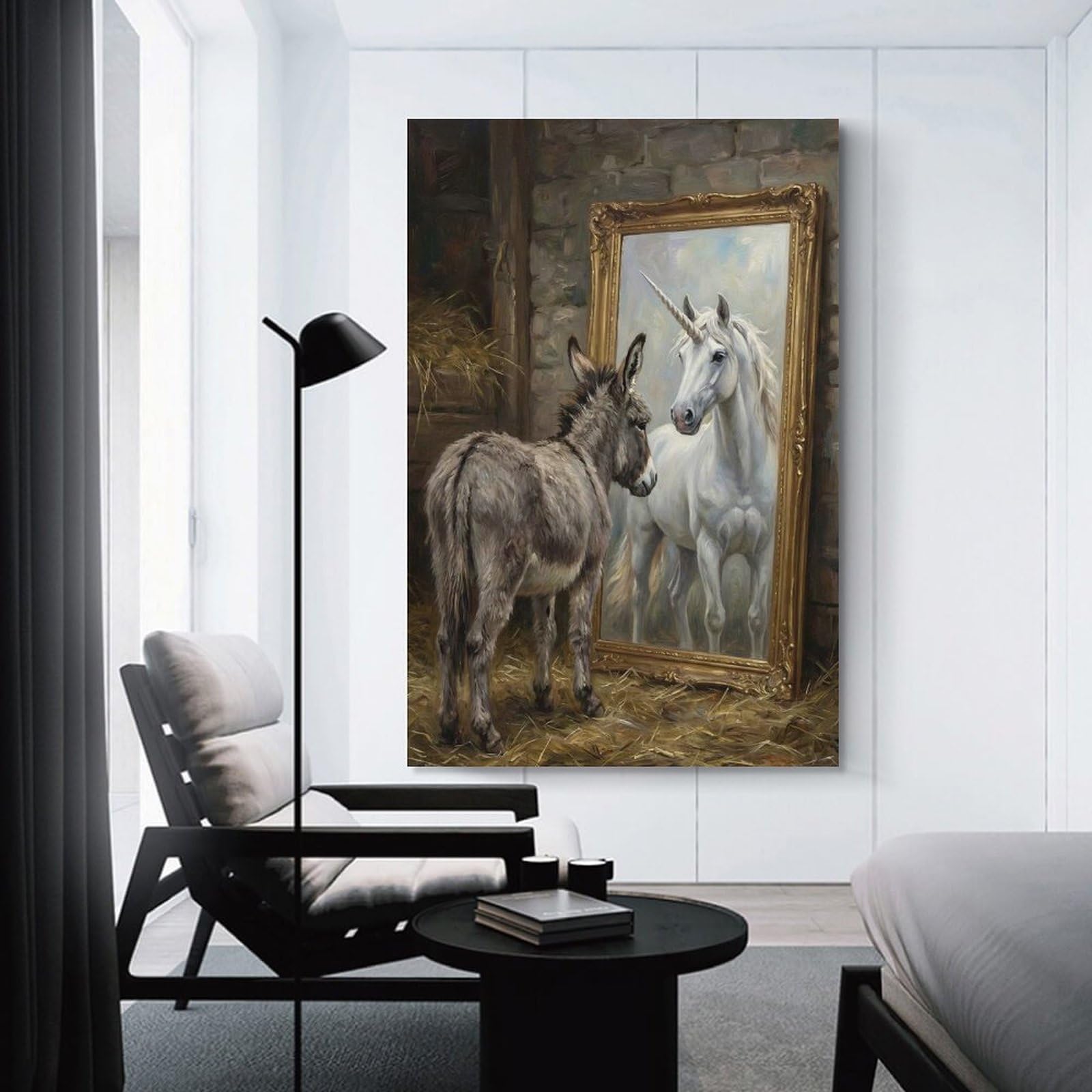 Junmoney Donkey Sees Unicorn in Mirror Canvas Wall Decor, 16x24inch(40x60cm), for Apartment Walls, Studios Or Work Areas, Decorative Canvas Decor for Home Updates