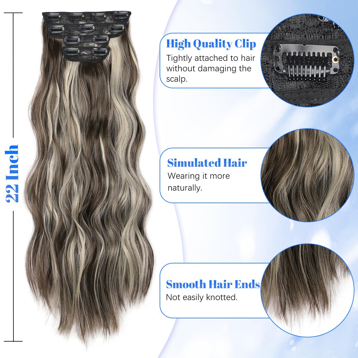 JIAMEISI Hair Extensions Clip in 4PCS Full Head Long Wavy Hair Extension Highlight Synthetic Fiber 22 Inch 200g Clip in Thick Hairpieces for Women (#P8/88 Ash Brown Mixed Platinum Blonde) - Image 2