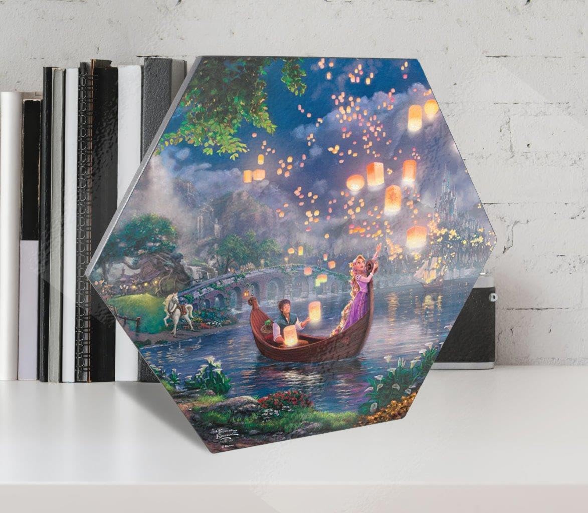 Disney – Tangled – Rapunzel and Flynn Lantern Festival - 11.5” X 10” Hexagon KNEXAGON Wood Print – Tabletop Display, Hang Alone or Connect to Other Pieces – Officially Licensed Collectible WPHEX5401