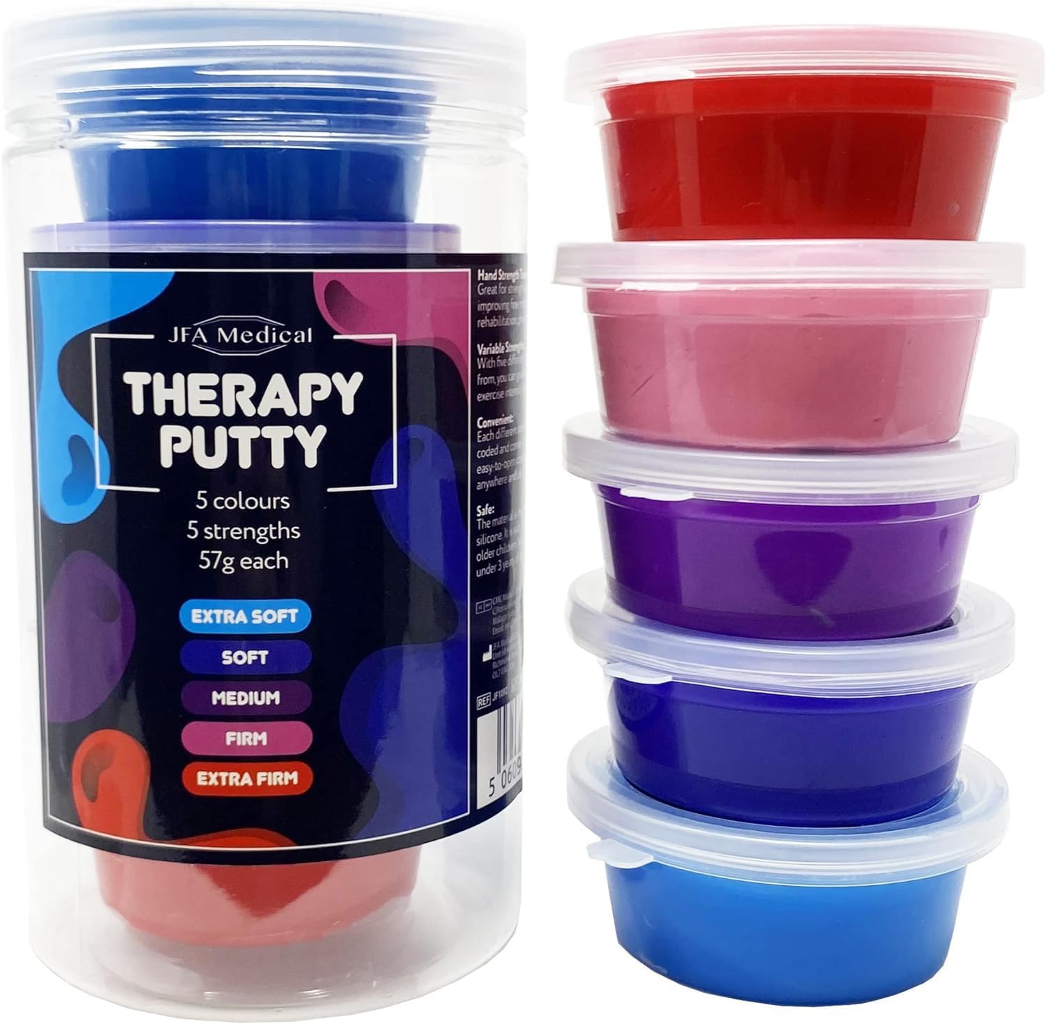 Lot de 5 pâtes thérapeutiques pour exercices de la main, 5 résistances et couleurs différentes – extra souple, souple, moyenne, ferme, extra ferme, pots de 57 g
