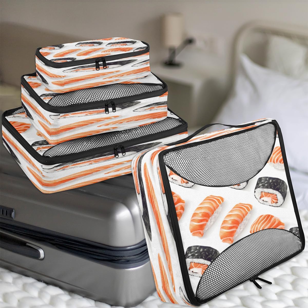Sushi Pattern 4 Set Packing Cubes Packing Cubes for Women Lightweight Travel Essential Bag Clothes Carry on Suitcase Bags for Accessories Essentials