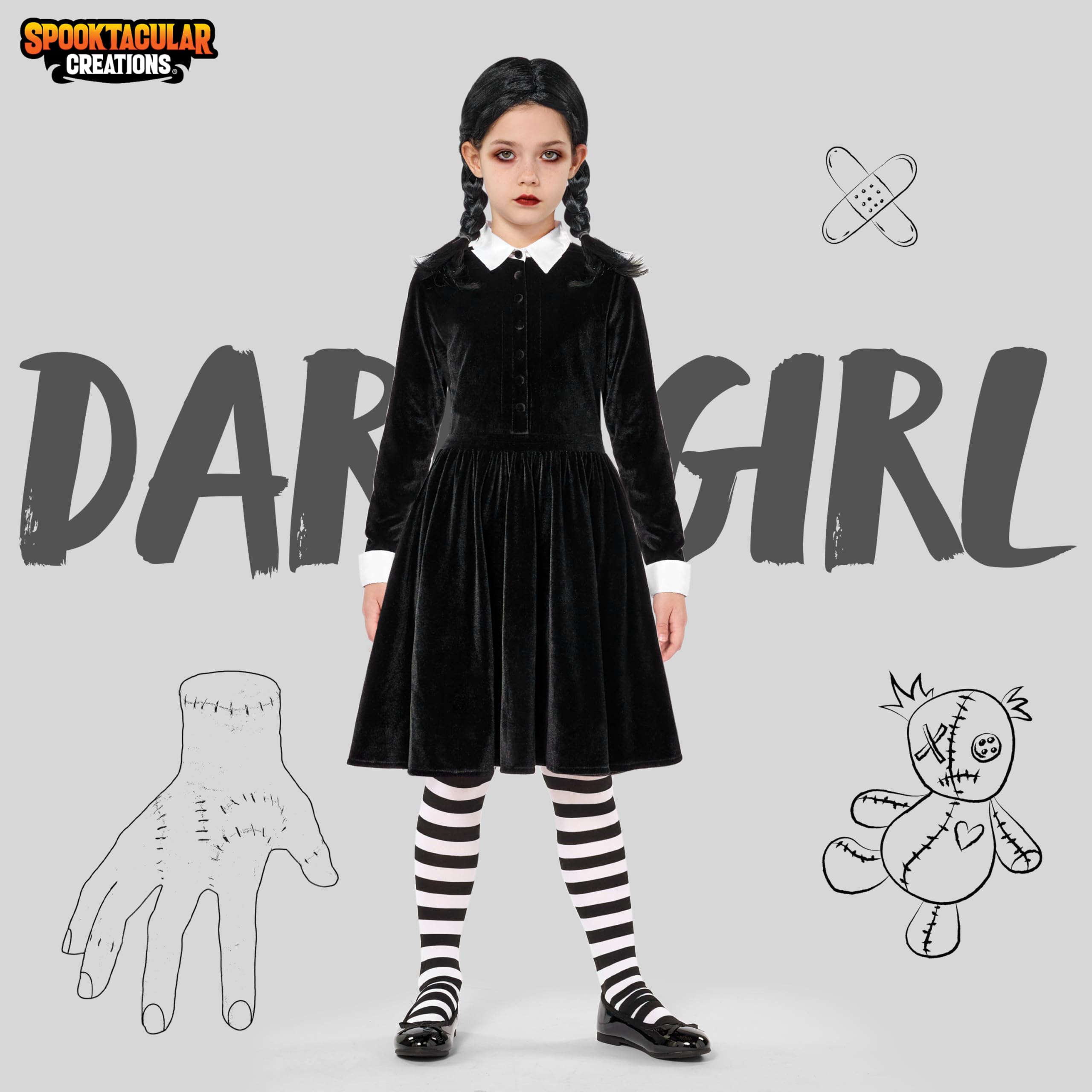 Spooktacular Creations Vestido Negro con Cuello para Niñas, Disfraz de Niña de Escuela de Manga Larga con Peluca, Vestido Skater de Terciopelo para Niños Pequeños en Halloween, Fiesta de Cosplay