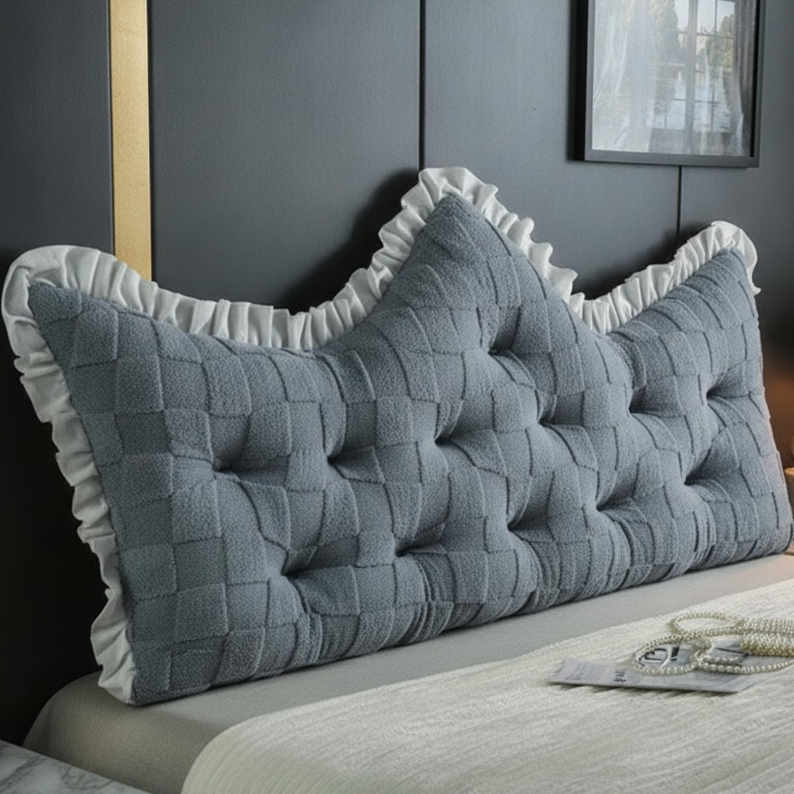 Almohada de Respaldo Cojín Respaldo Corona Cojín Lectura con Terciopelo Tafetán y Relleno Grueso Que Brinda Confort Mullido Adecuada para Dormitorio, Gris雅韵, 120 55cm