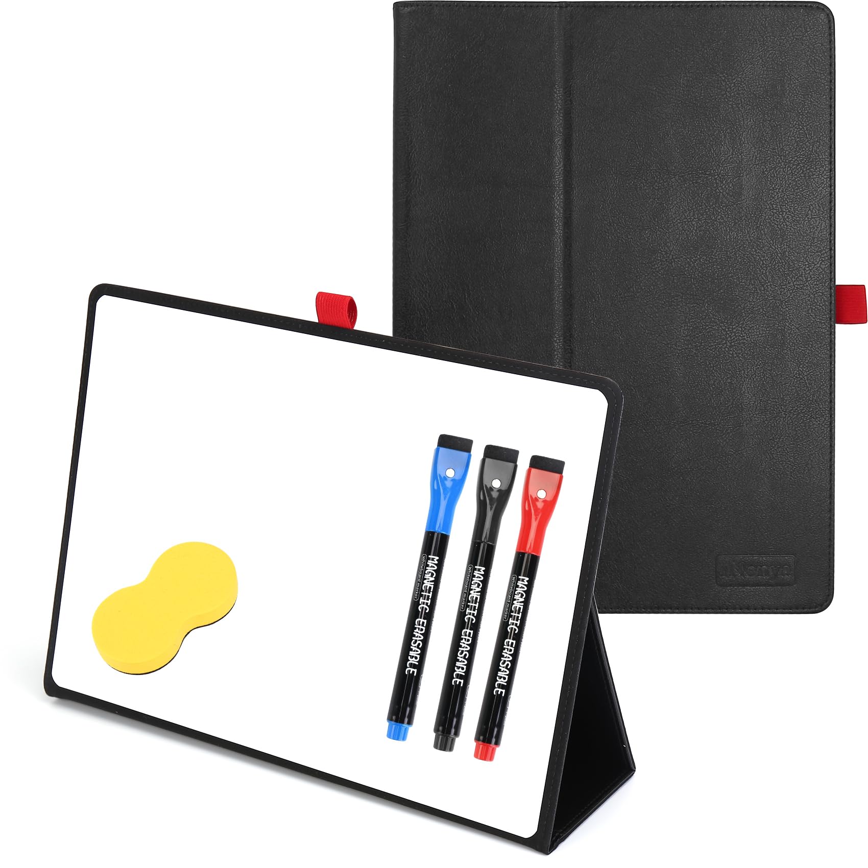 Tragbare 31cm x 22cm kleine Whiteboard, magnetisches Trockenlöschbrett mit 3 Markern, Radiergummi & stilvollem rotem elastischen Stifthalter für Geschäft, Bildung & Zuhause