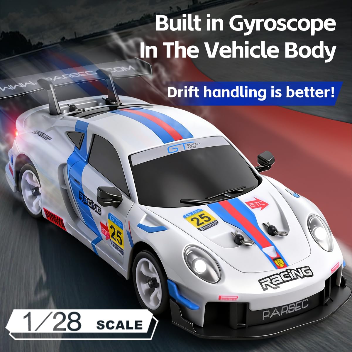 Auto da rally radiocomandata, scala 1:28, 2,4 GHz, 4WD, auto da corsa RC ad alta velocità (30 km/h), con illuminazione a LED, giroscopio e sospensione singola (bianco)