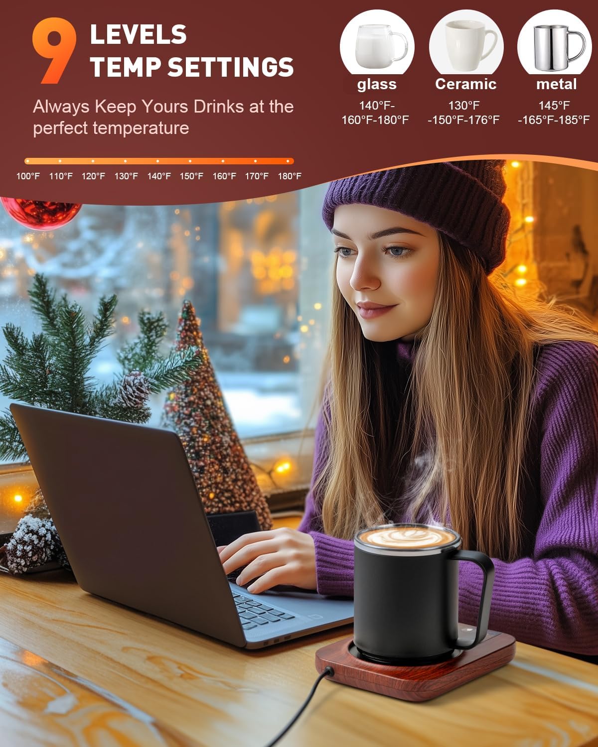 Mug Warmer, Cup Warmer for Desk with 15oz Coffee Mug, 36W Electric Coffee Cup Warmer with Auto Shut Off, 9 Temperature Setting Smart Cup Warmer for Heating Coffee, Milk, Beverage, Candle Jar