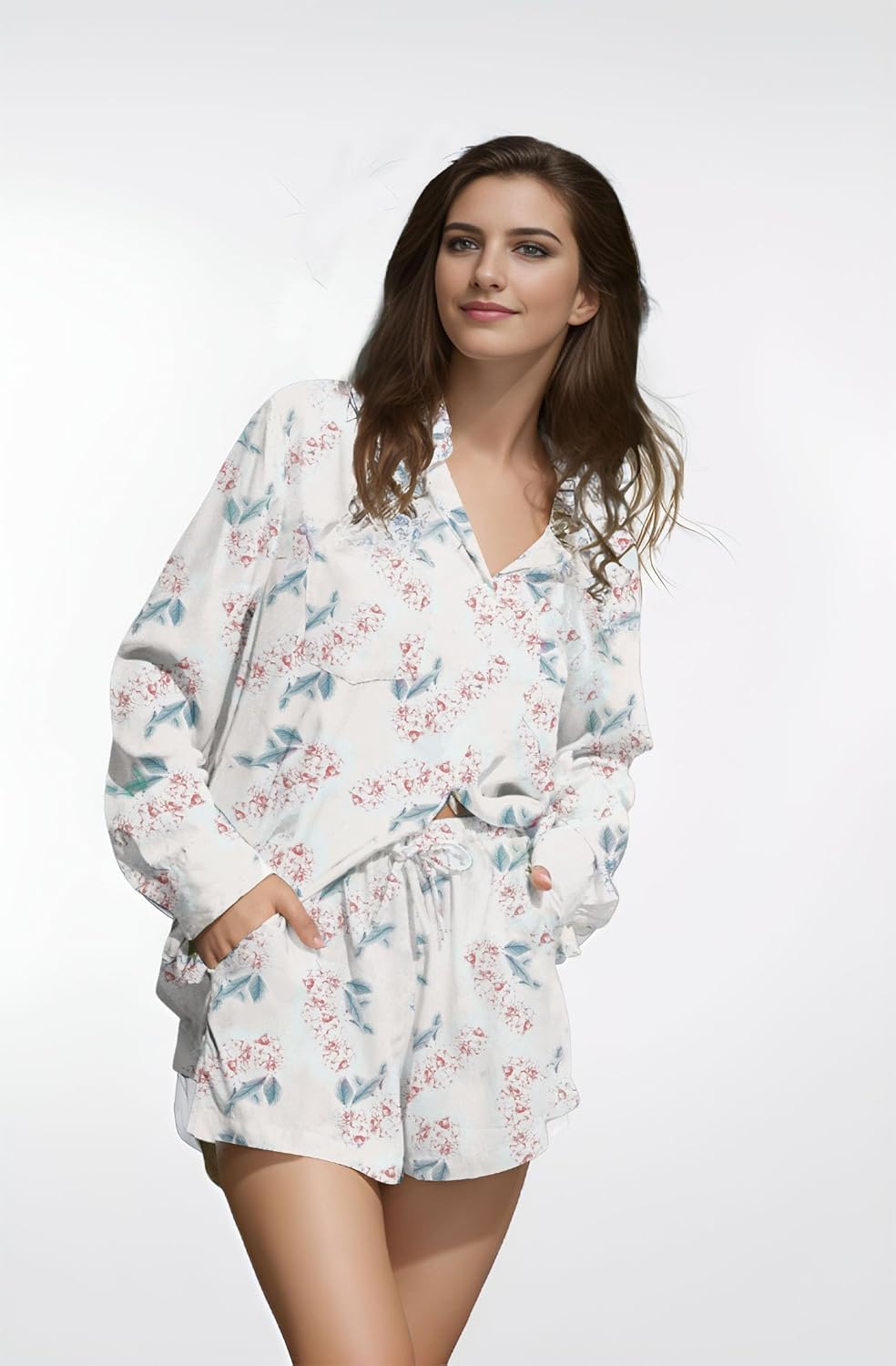 Womens Long Sleeve Printed Pajama Sets Button Down 2 Piece Shorts Sets Soft Loungewear - Image 2