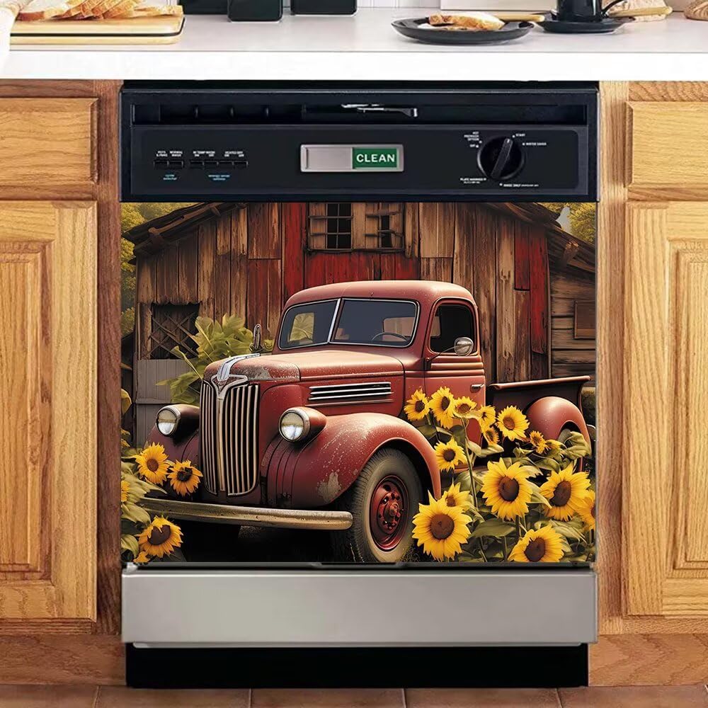 Wooden Butterfly Magnetic Dishwasher Cover Skin Panel, 3D Wood Carving Magnet Fridge Cover Decal Decor, Country Flower Butterfly Vinyl Dishwasher Sticker (23" x 17" Magnetic)